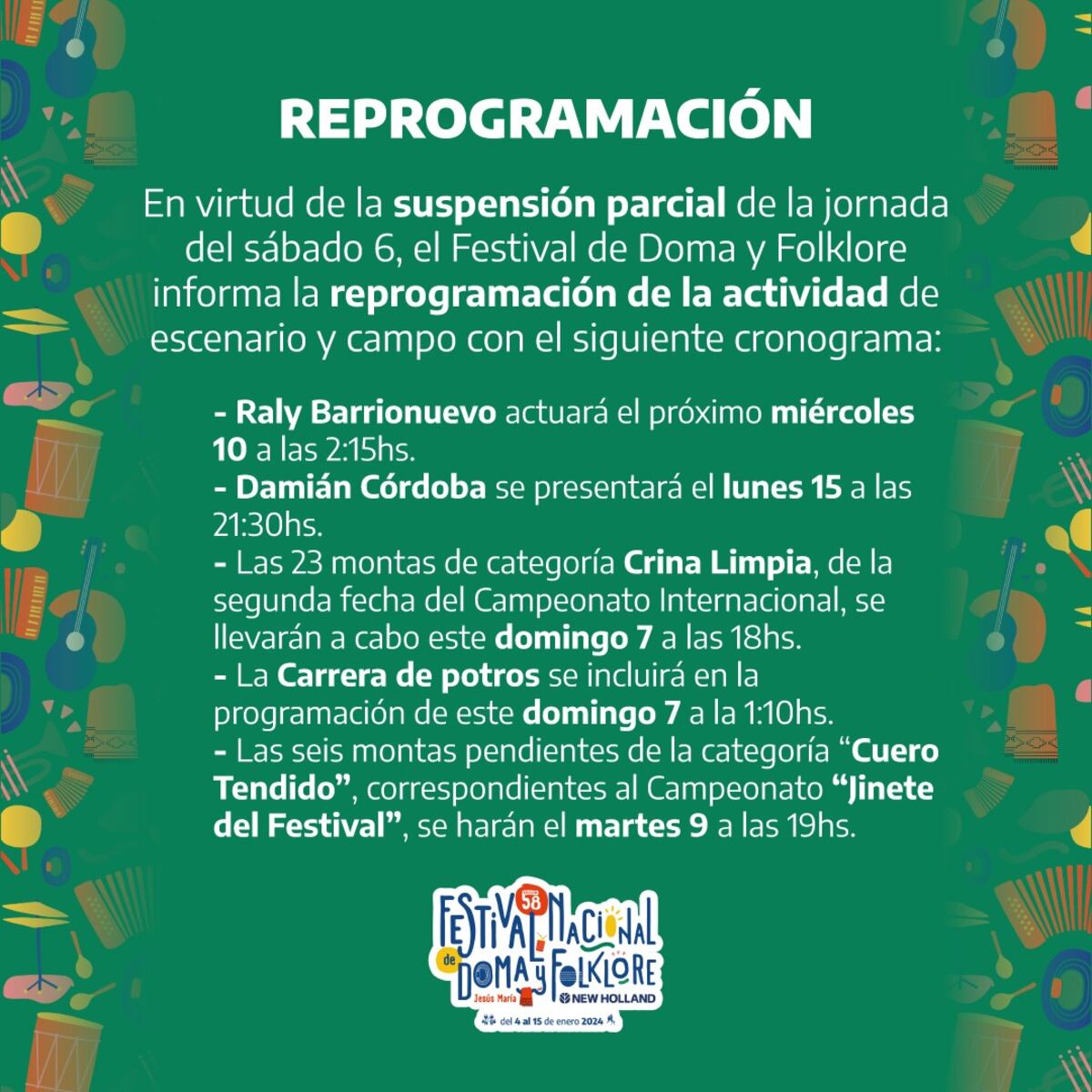 Reprogramación de actividades de escenario y campo. (Prensa).