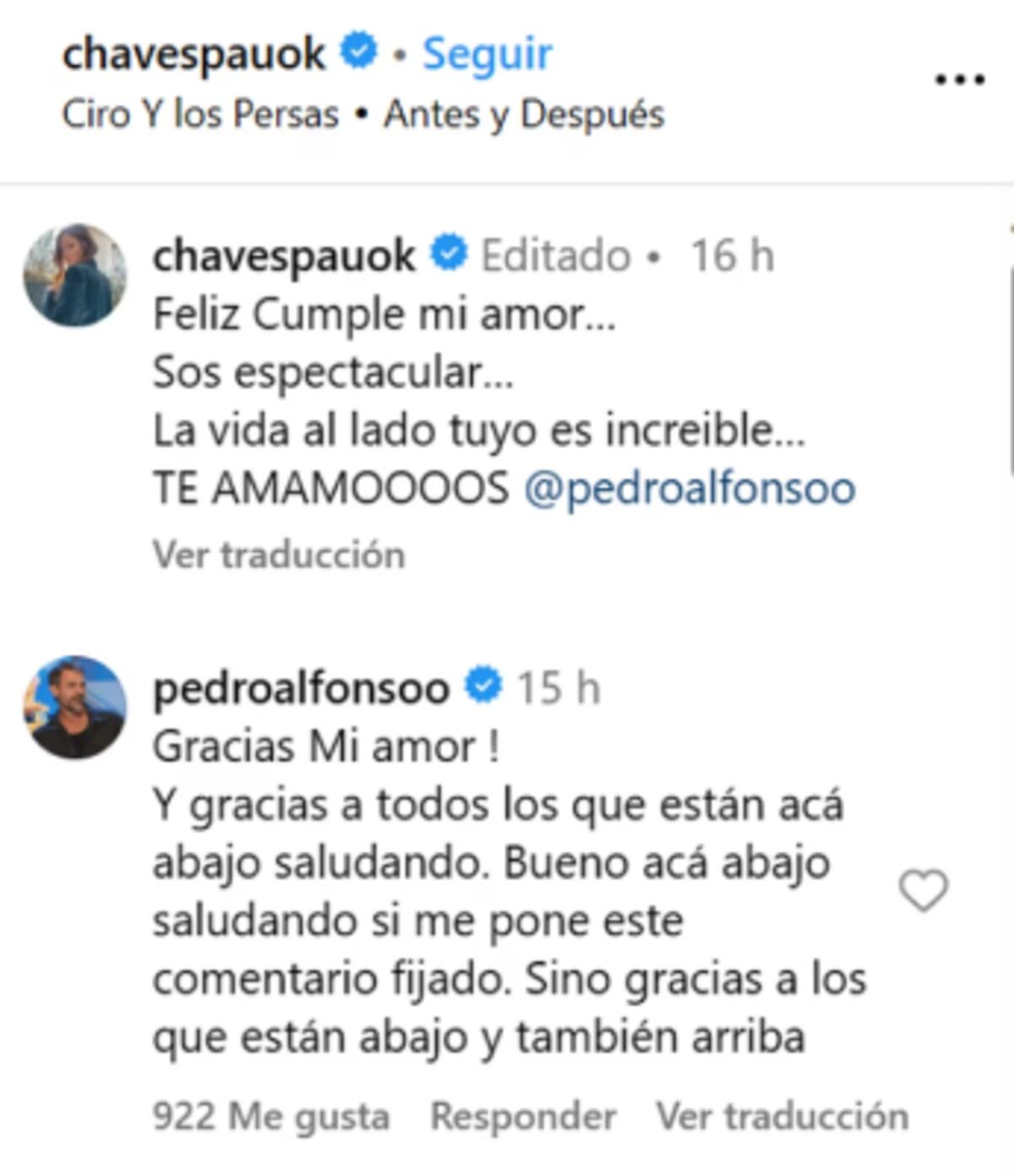 La dedicatoria de Paula Chaves a Pedro Alfonso por su cumpleaños. (Captura)