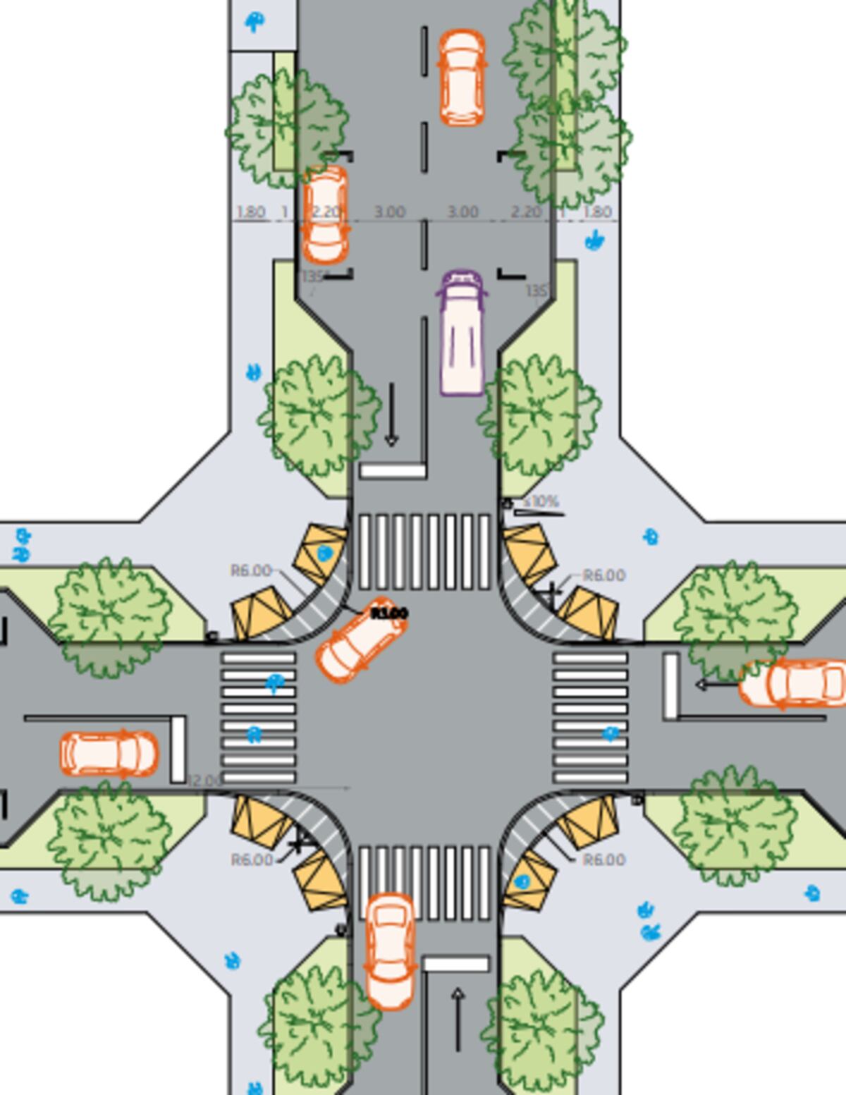 Calle barrial bidireccional. Permite doble sentido de circulación con bajo volumen de tránsito y entorno arbolado continuo.