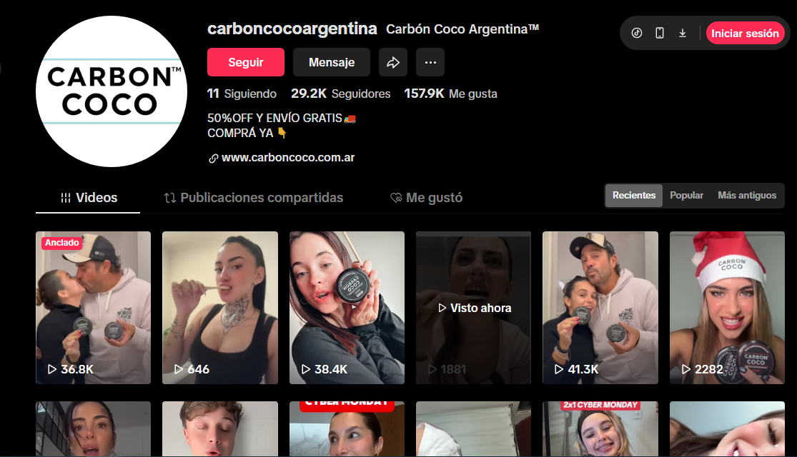 Anmat prohíbe el uso y la comercialización de diversos productos de la marca carbón coco. Captura de su perfil de TikTok.
