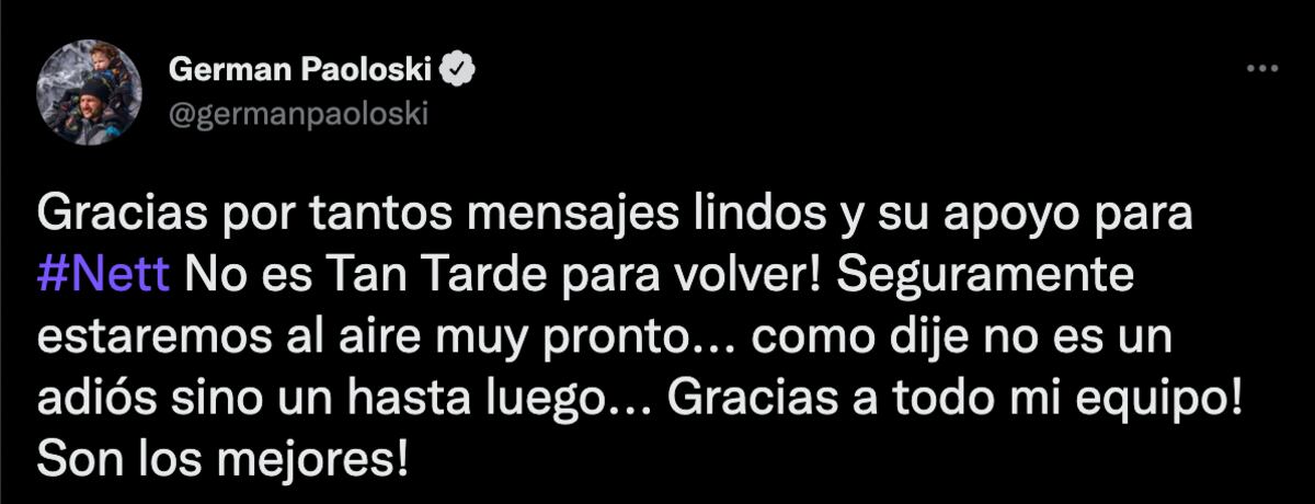 El mensaje de Germán Paoloski en Twitter tras el fin de "No es tan tarde"