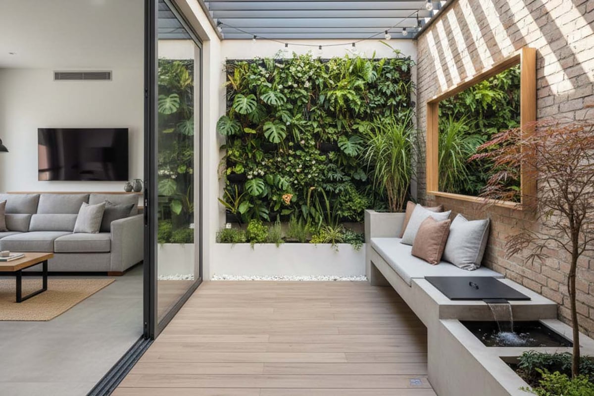 Un mueble de obra (de hormigón, en este caso), una fuente y el verde de la naturaleza facilitan el uso de estos rincones.