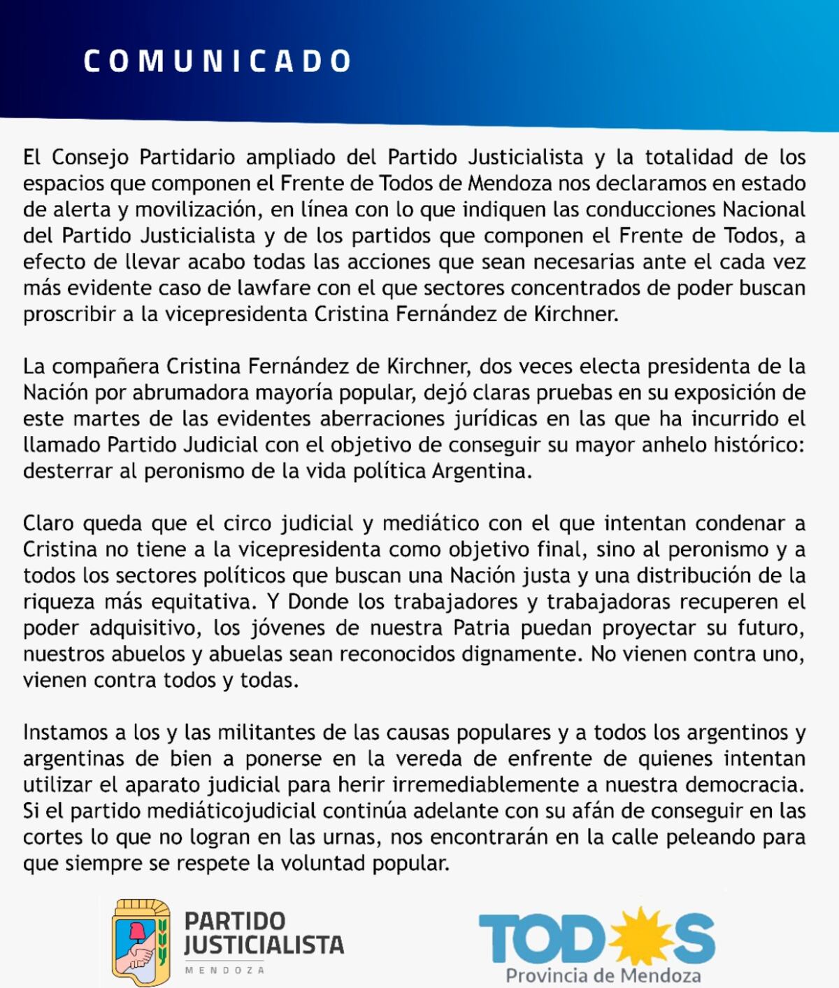 El comunicado del PJ mendocino sobre la situación de Cristina Kirchner.