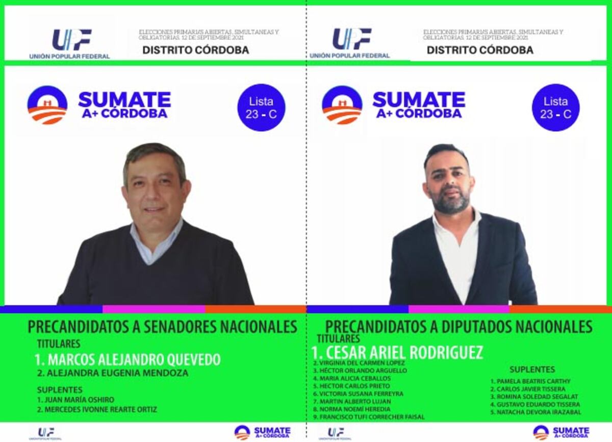 Boleta de Unión Popular Federal (Sumate A+Córdoba) de César Ariel Rodríguez y Marcos Quevedo, para las Paso 2021