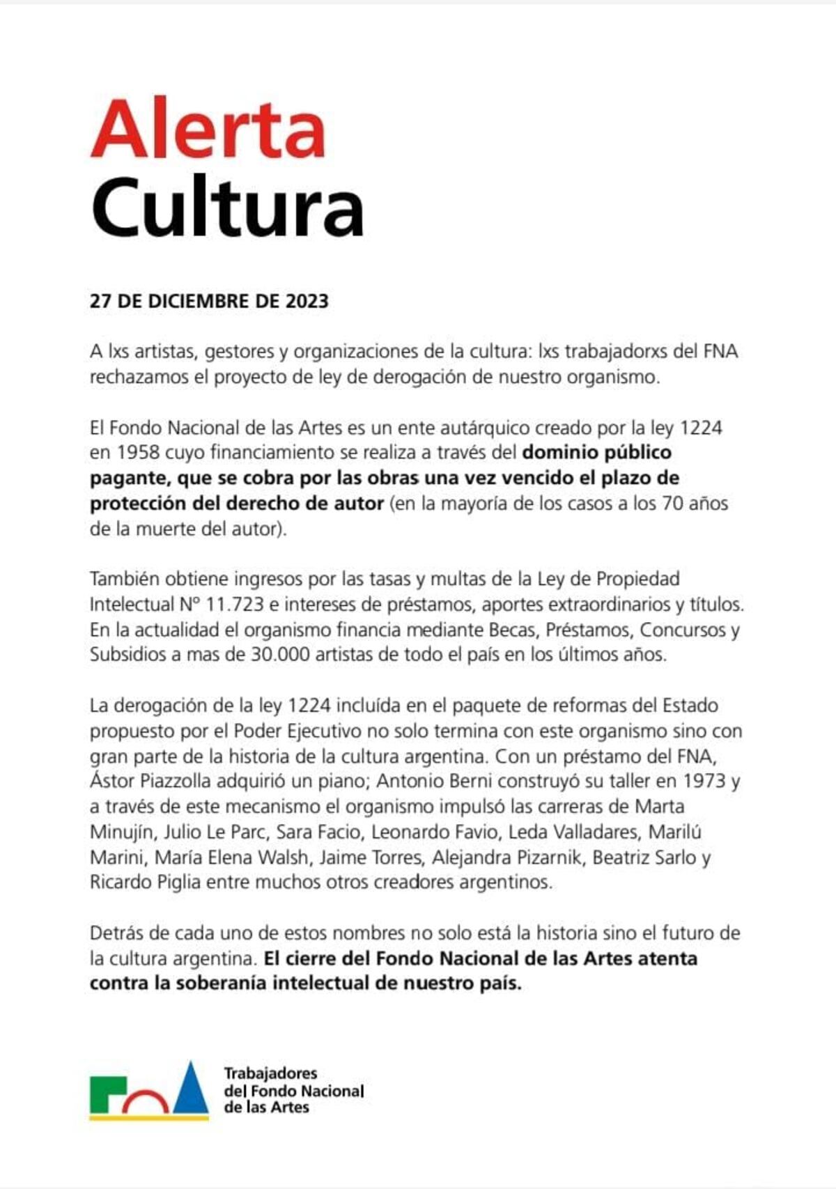 El comunicado de trabajadores y trabajadoras del Fondo Nacional de las Artes.