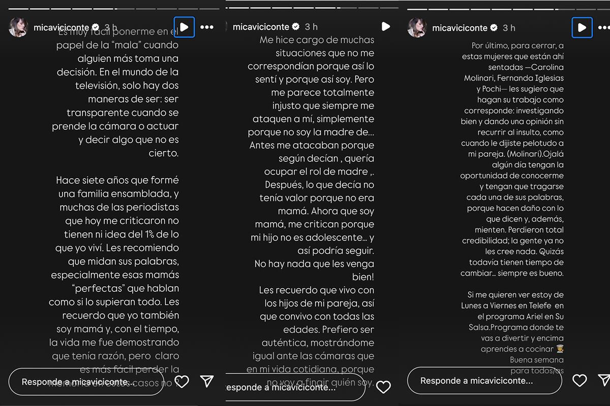 Mica Viciconte estalló en las redes sociales después de que la criticaran por su decisión en relación a los 15 de Allegra. (Fotos: capturas de pantalla de Instagram)