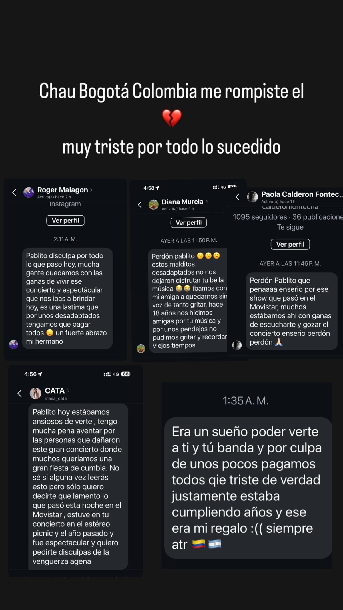 Pablo Lescano y sus posteo tras la suspensión del show en Bogotá.