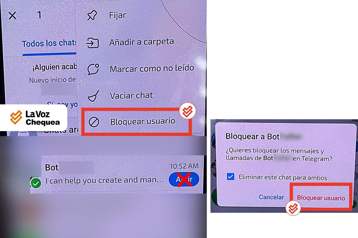 La Voz Chequea. La mejor forma de cuidarse de los bots maliciosos en Telegram es bloqueándolos a la primera sospecha.