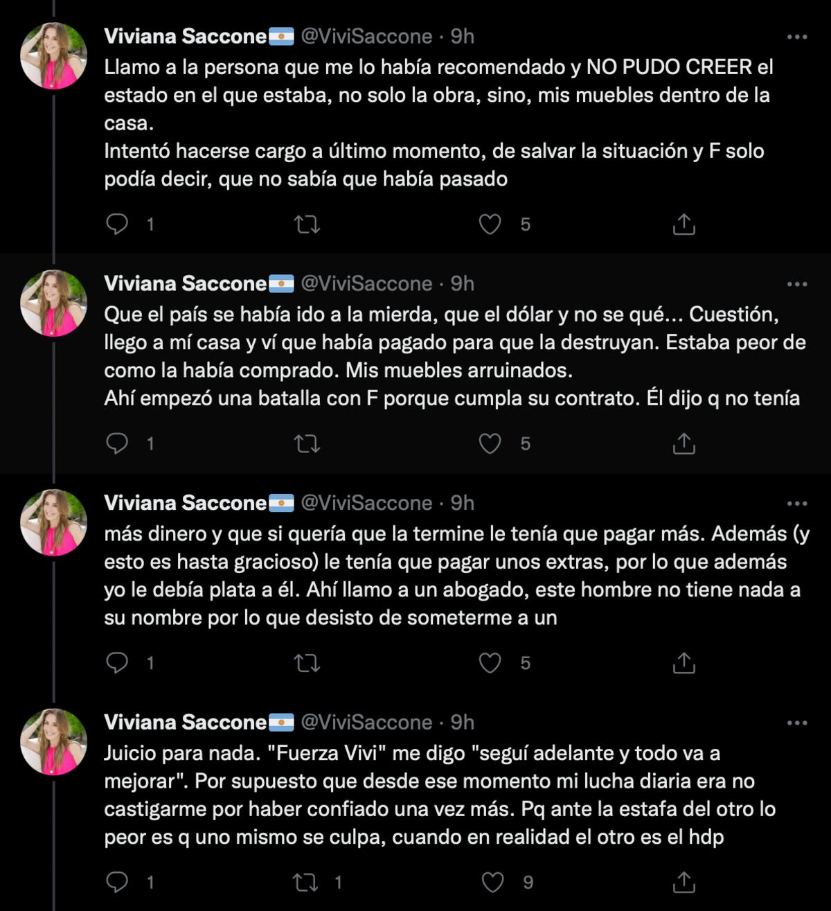 Los tuits de Viviana Saccone explicando cómo fue víctima de la estafa de un albañil.