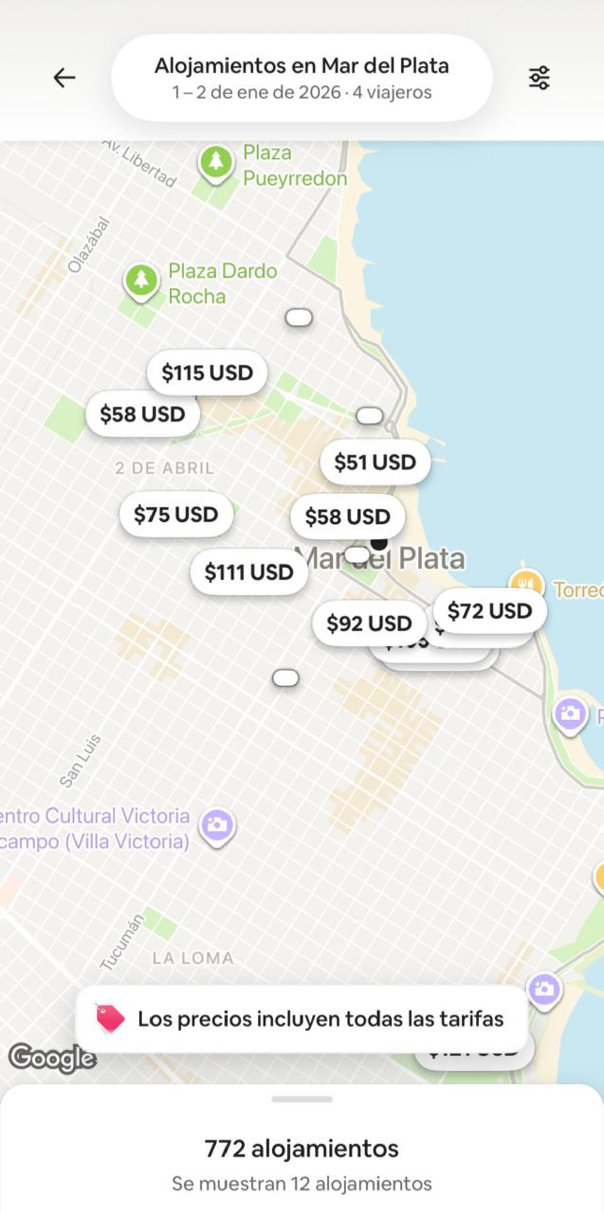 Los precios en dólares por noche de alojamiento en Mar del Plata en el verano 2026, según Airbn.