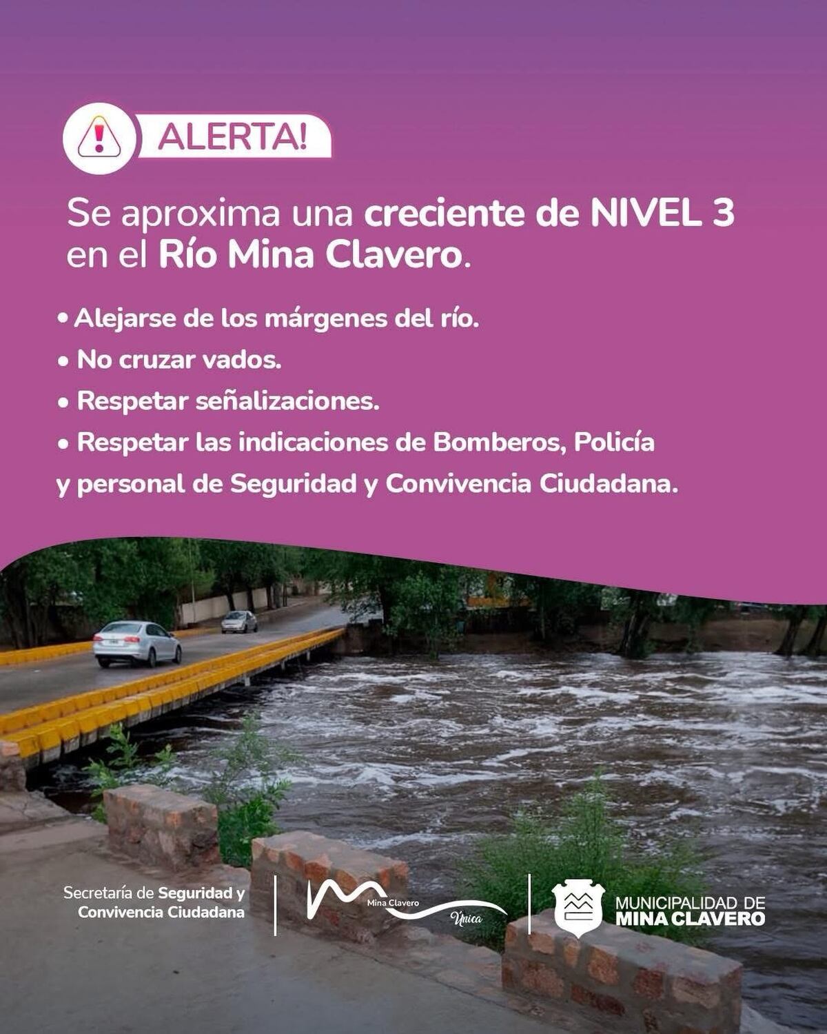 Alerta en Mina Clavero por la crecida del río (Municipalidad de Mina Clavero).