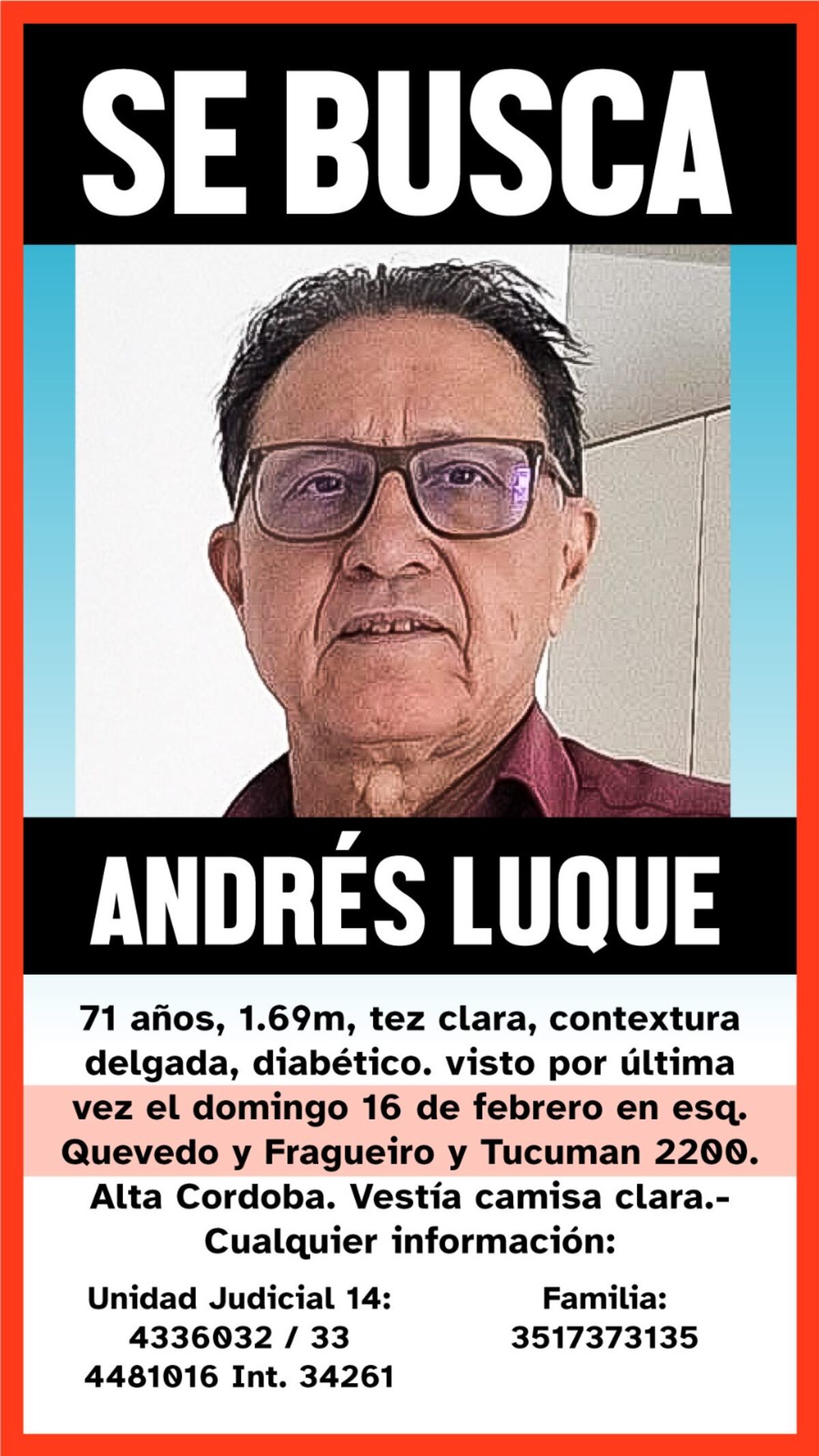 Buscan a Andrés Luque de 71 años en Córdoba