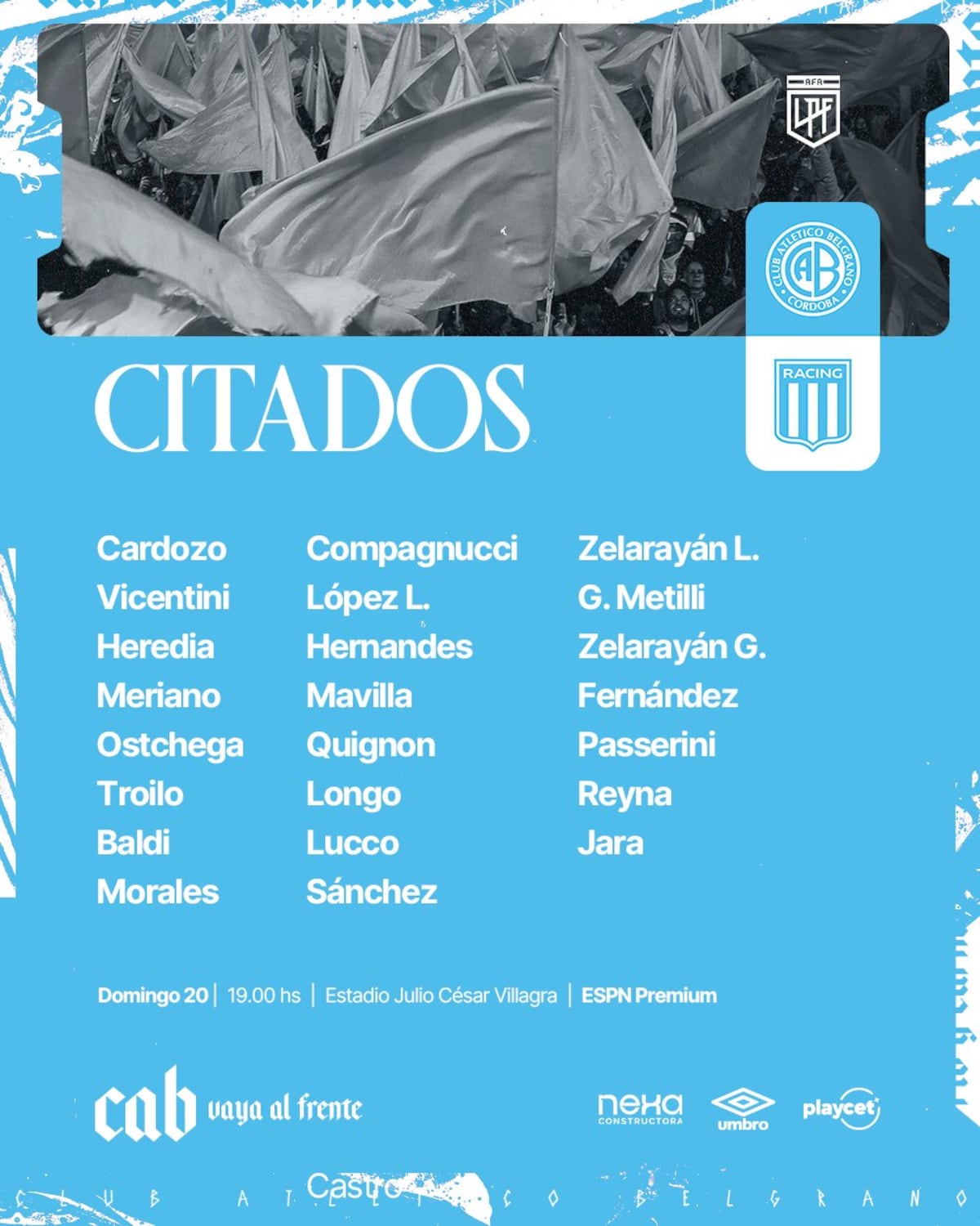 Citados ante Racing (Prensa Belgrano).