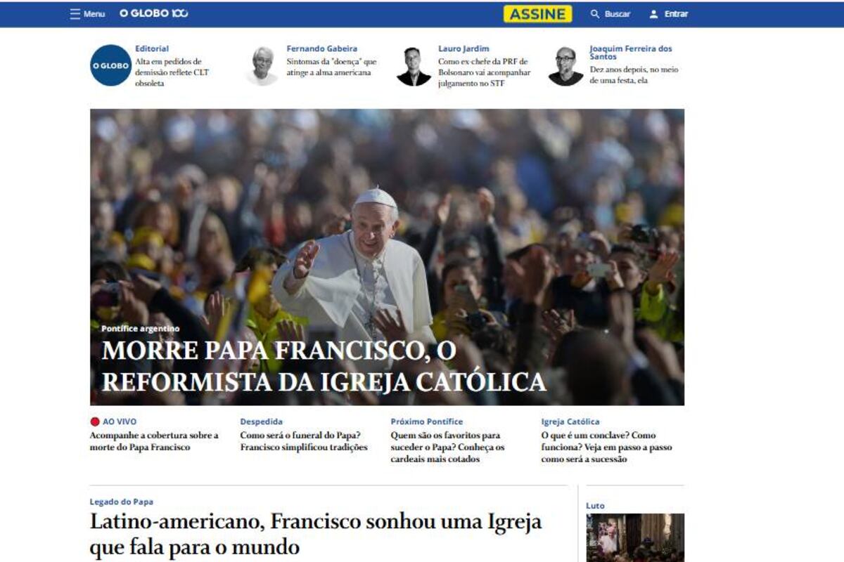 O Globo. Los portales del mundo se hicieron eco de la muerte dle Papa Francisco.