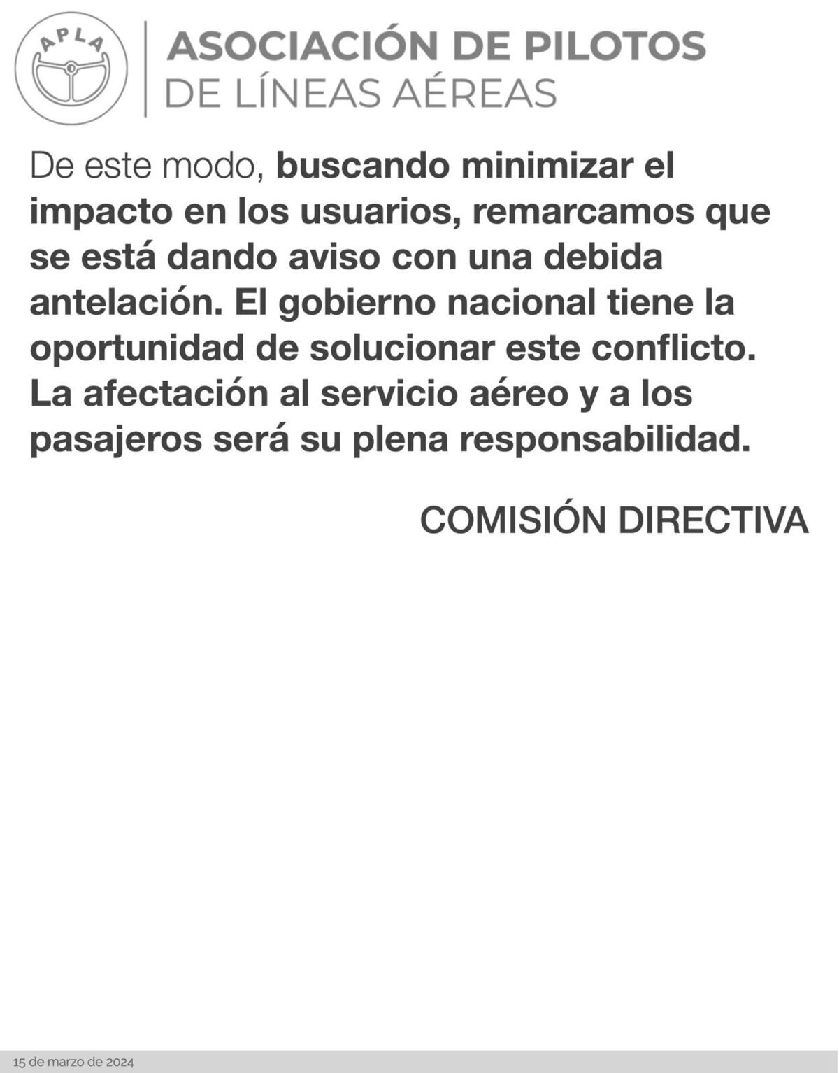 El comunicado de Apla. (X / @aplapilotos)