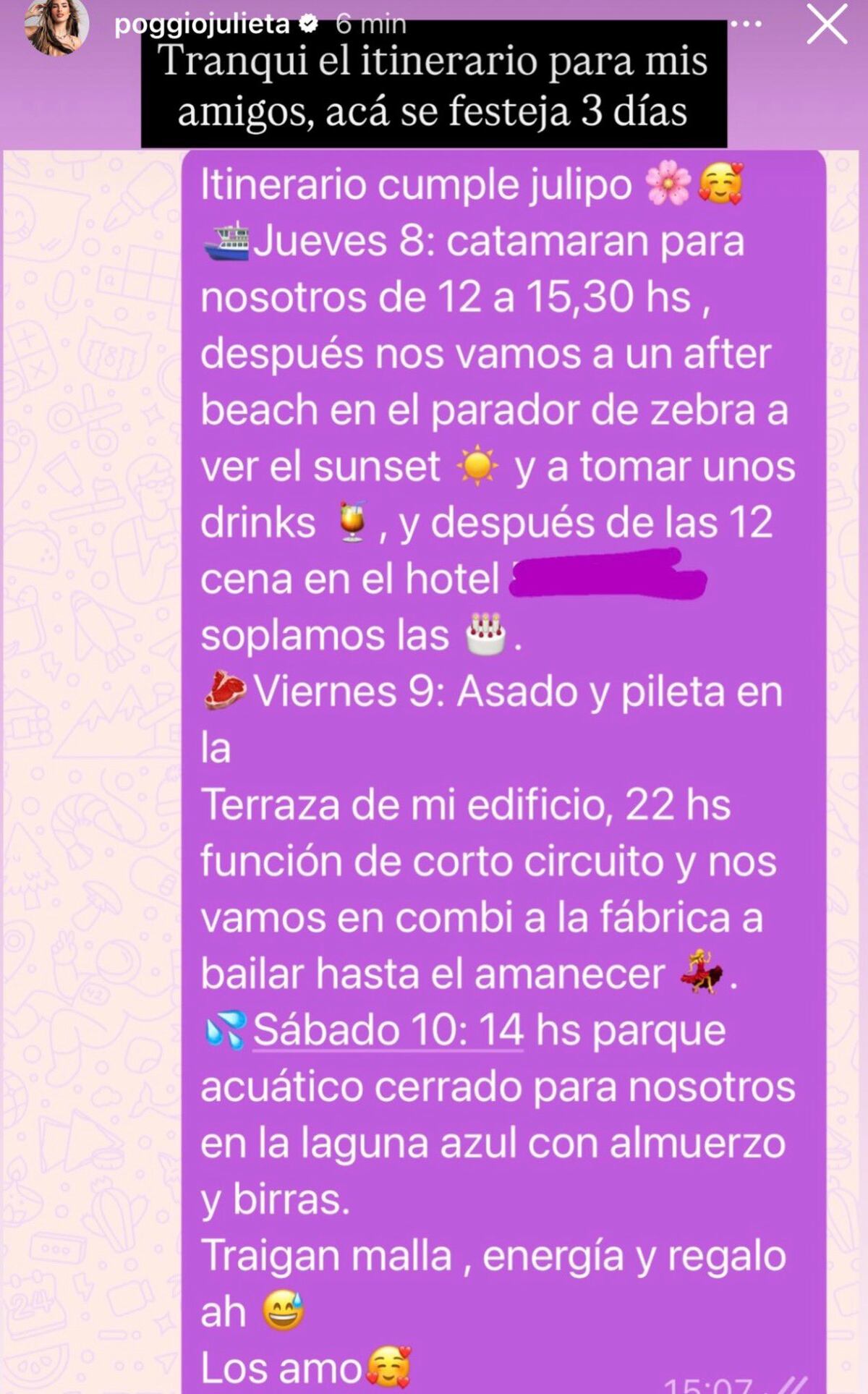 El itinerario del cumpleaños de Juli Poggio que ella misma compartió en Instagram. (foto: Captura de pantalla)