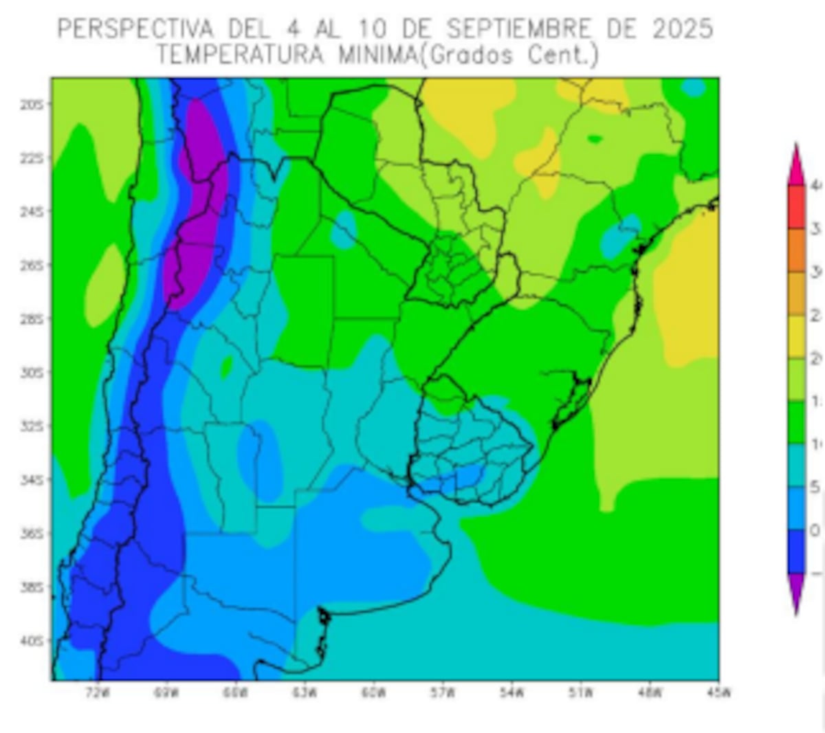 Temperaturas mínimas. Perspectiva climática del 4 al 10 de septiembre. (Gentileza Bolsa de Cereales)