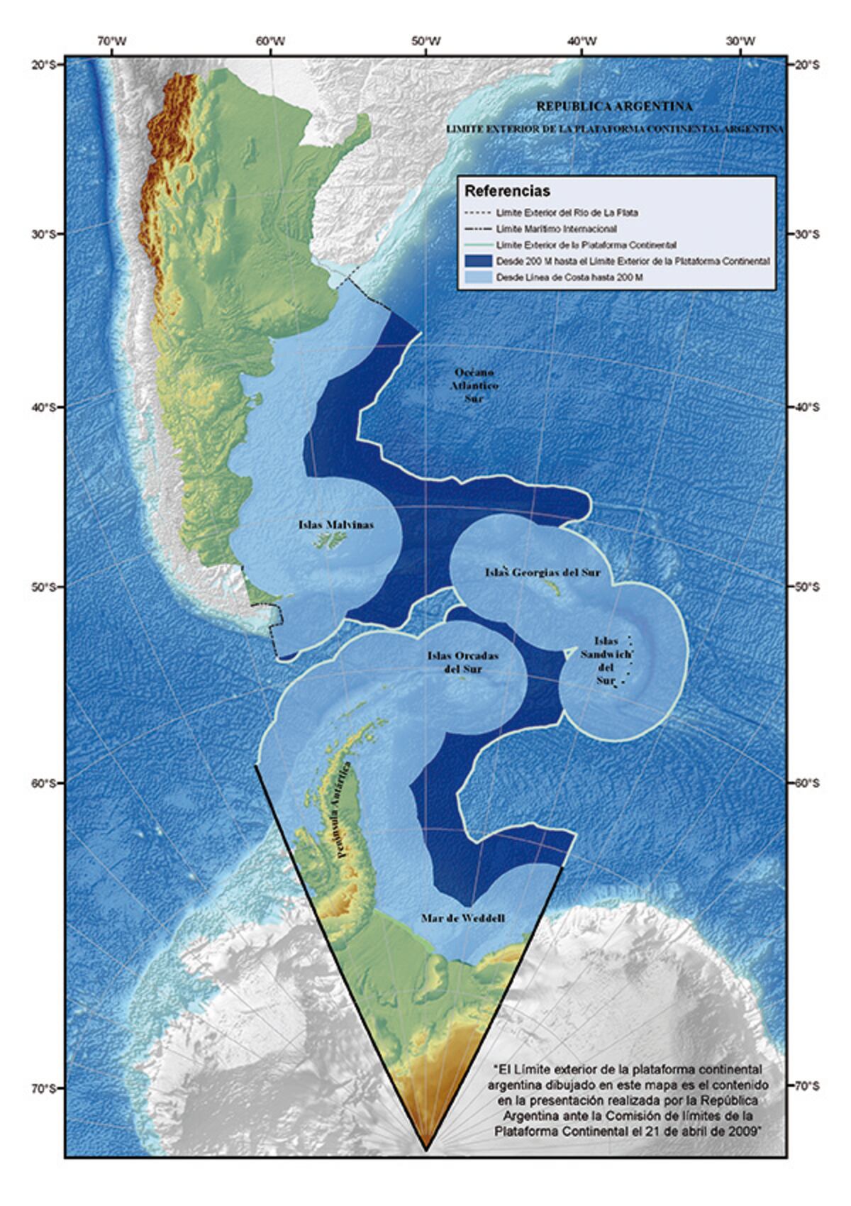 Mapa oficial de la plataforma continental argentina.
