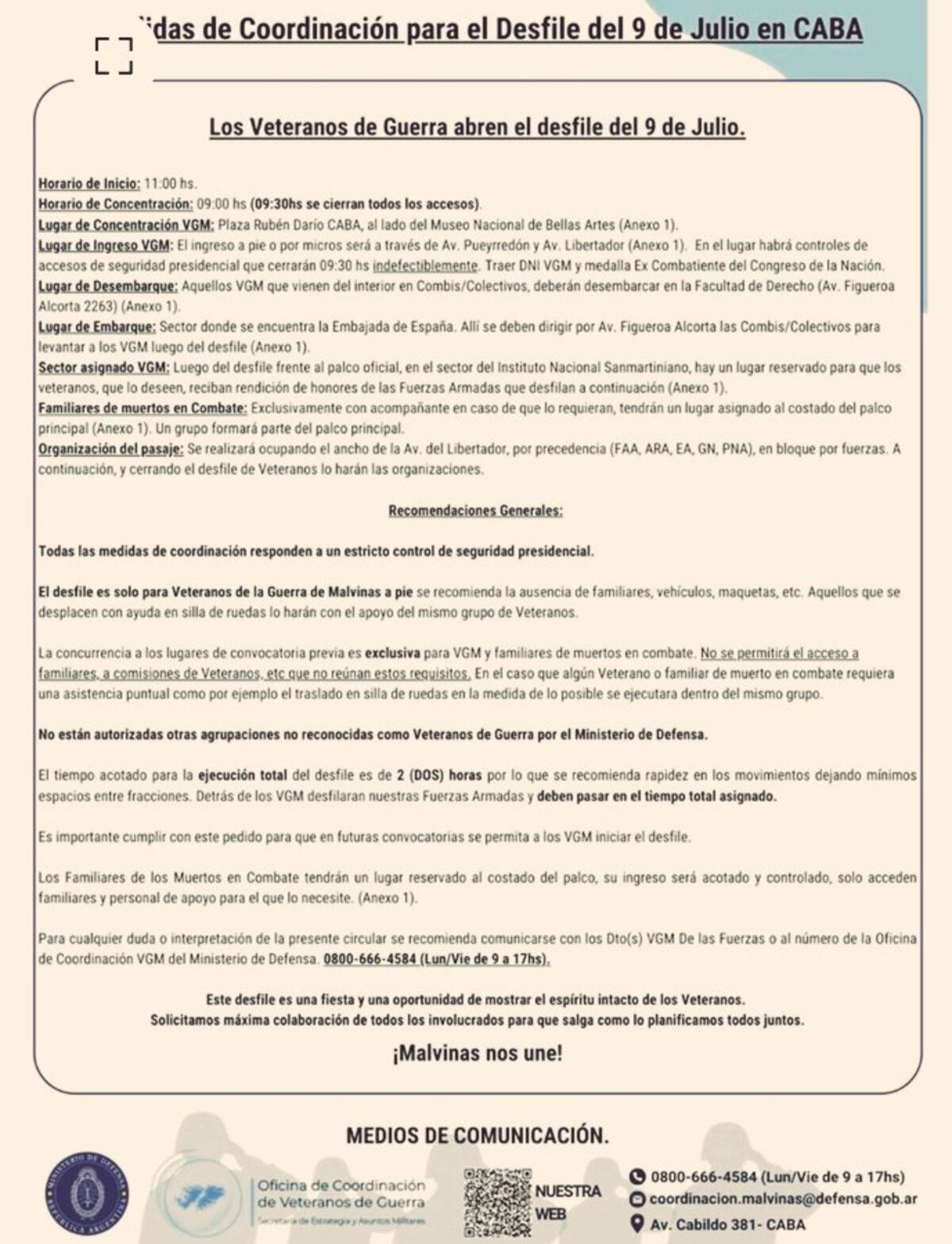 Defensa les pidió “rapidez en los movimientos” a los veteranos de Malvinas que abrirán el desfile por el 9 de Julio en Caba (Gentileza Clarín).