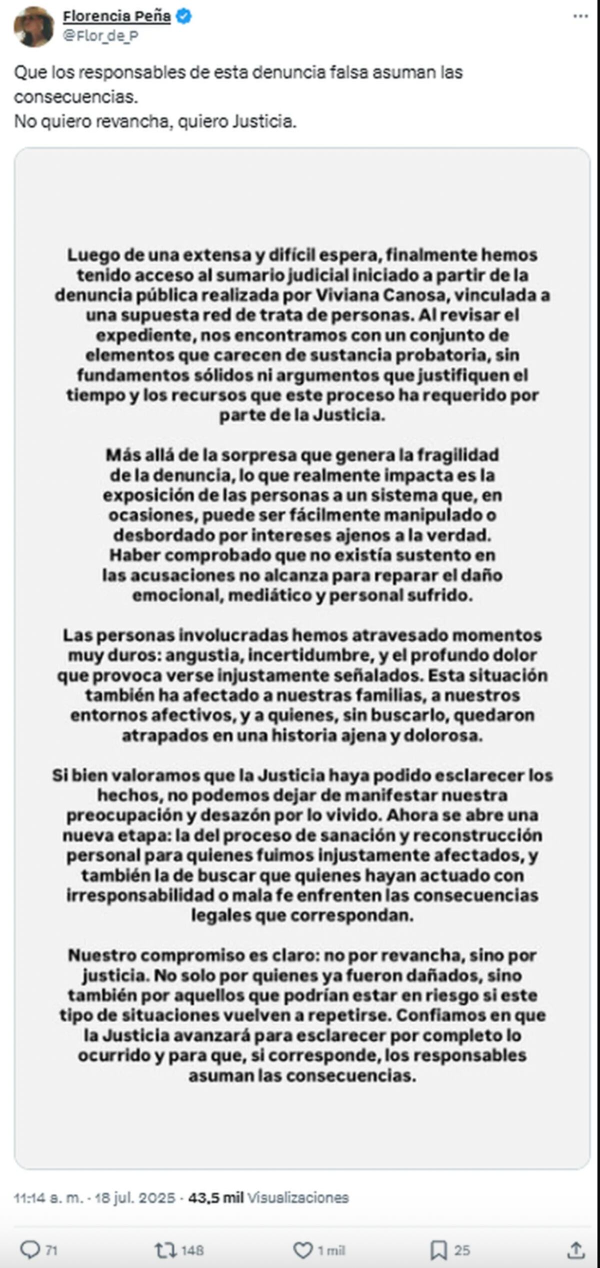 El descargo de Florencia Peña luego de que se abriera el secreto de sumario de la denuncia de Viviana Canosa en su contra (y otros famosos). (Foto: captura de pantalla)