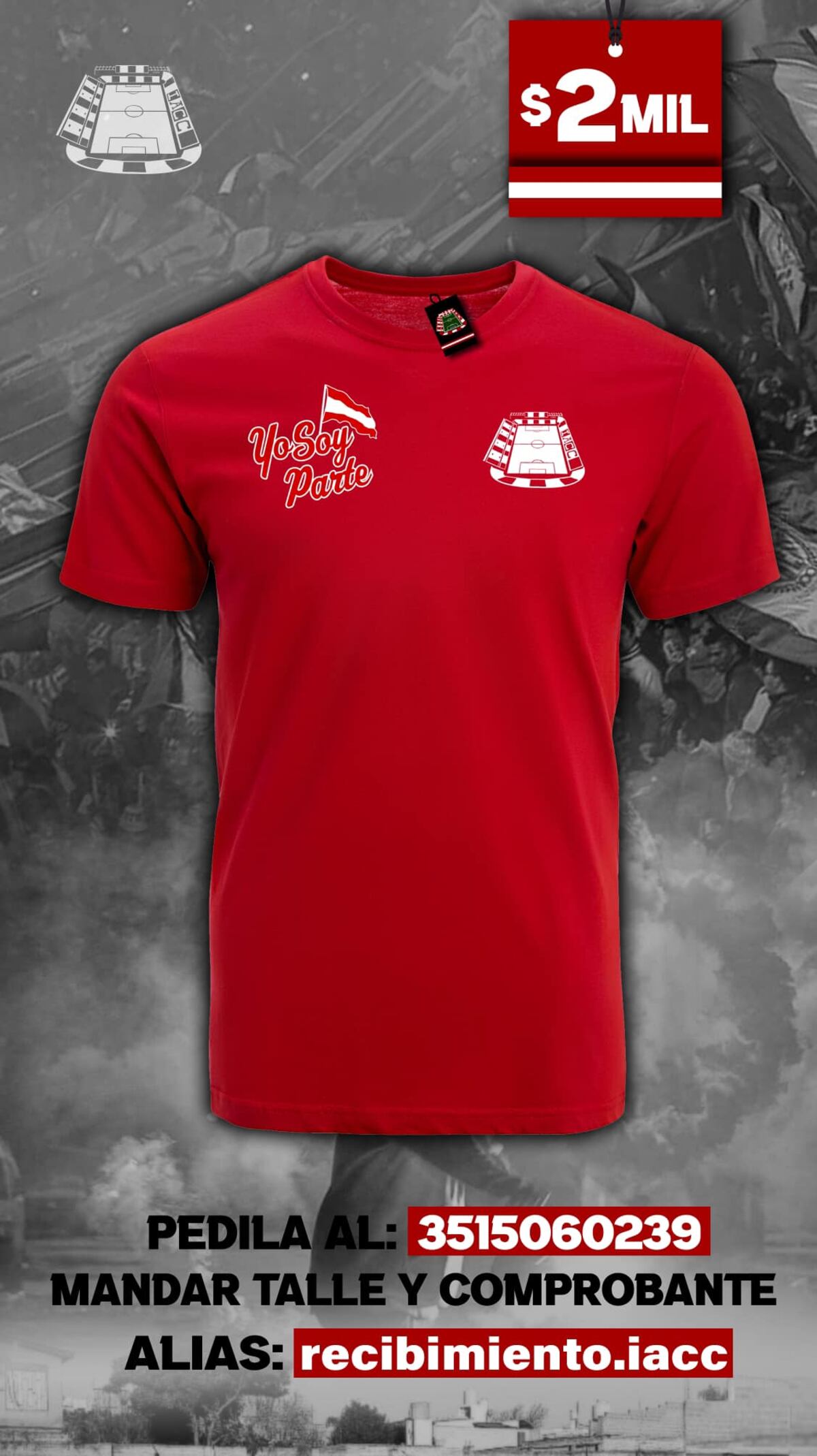 Las remeras que se venden para financiar la compra de los telones. (Gentileza Hinchas de Instituto).