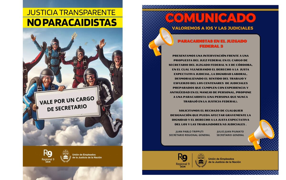 Protesta de empleados de la Justicia Federal de Córdoba contra el nombramiento de una funcionaria "paracaidista". (Gentileza)