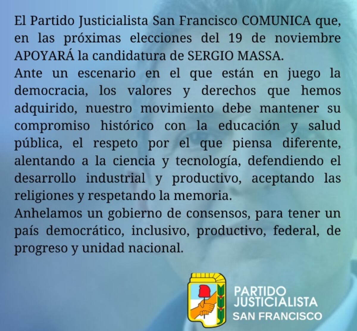 El PJ de San Francisco dijo que votará por Massa en el balotaje.