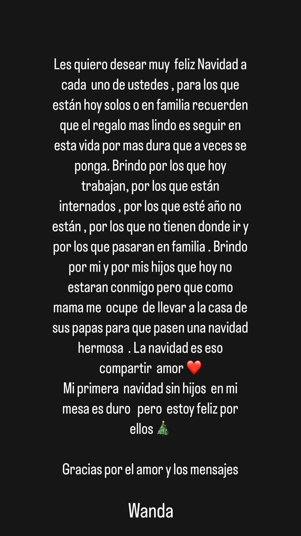 La publicación de Wanda en historias de IG, en la que lamenta la ausencia de sus hijos en Navidad. (Captura)