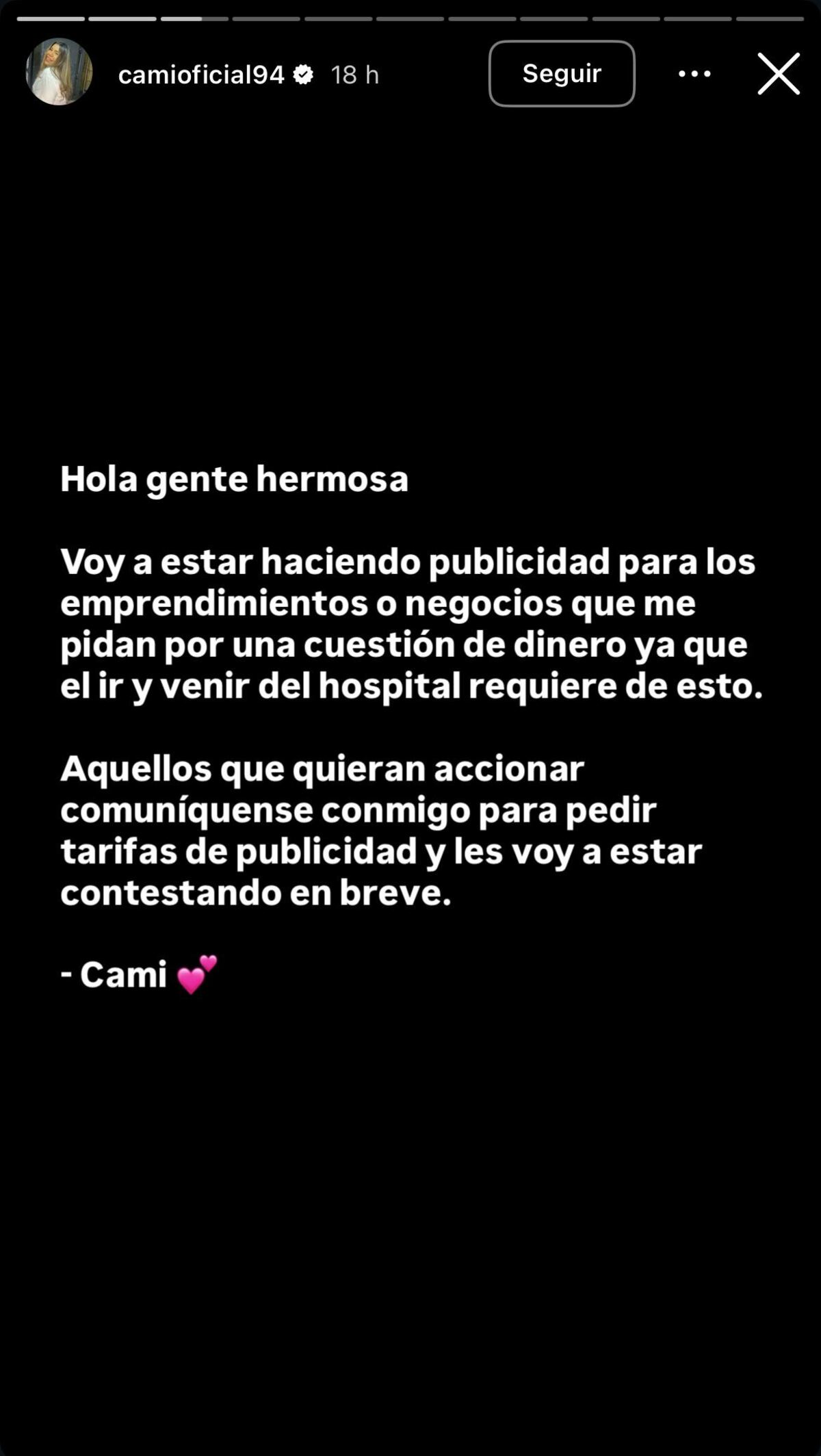 Camilota salió a explicar por qué tiene que hacer publicidad en sus redes mientras su hermano Thiago Medina sigue internado en estado crítico (Captura de pantalla)