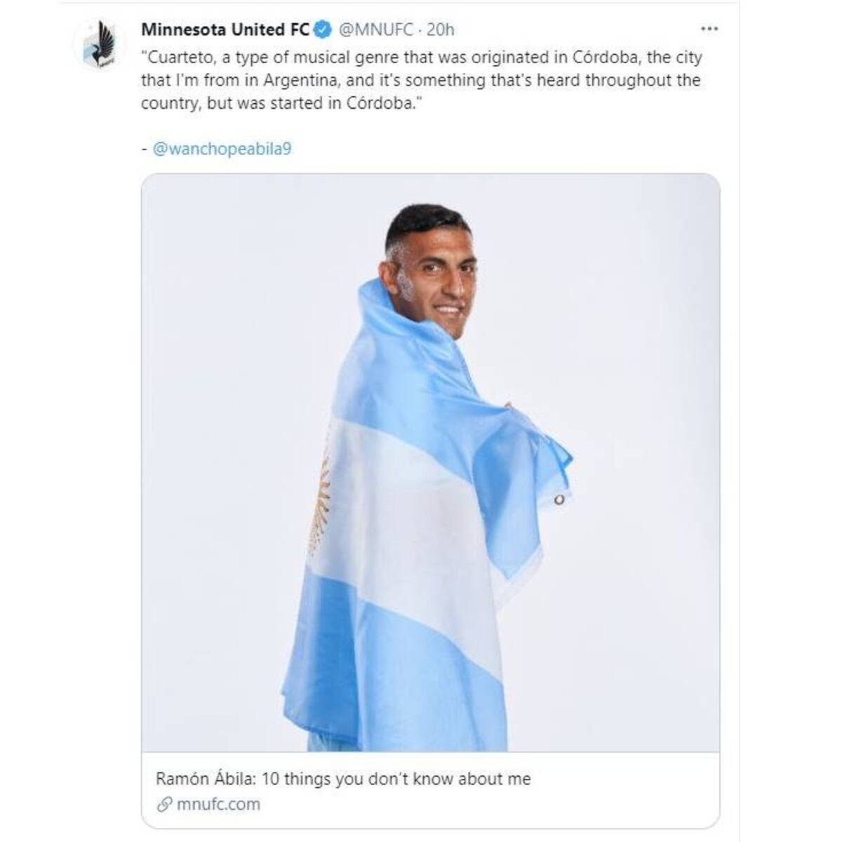 "Cuarteto, a un género musical que se originó en Córdoba, la ciudad de la que soy en Argentina, y que es algo escuchado en todo el país, pero que empezó en Córdoba". La declaración de Wanchope Ábila para el Minnesota United FC (captura de Twitter).