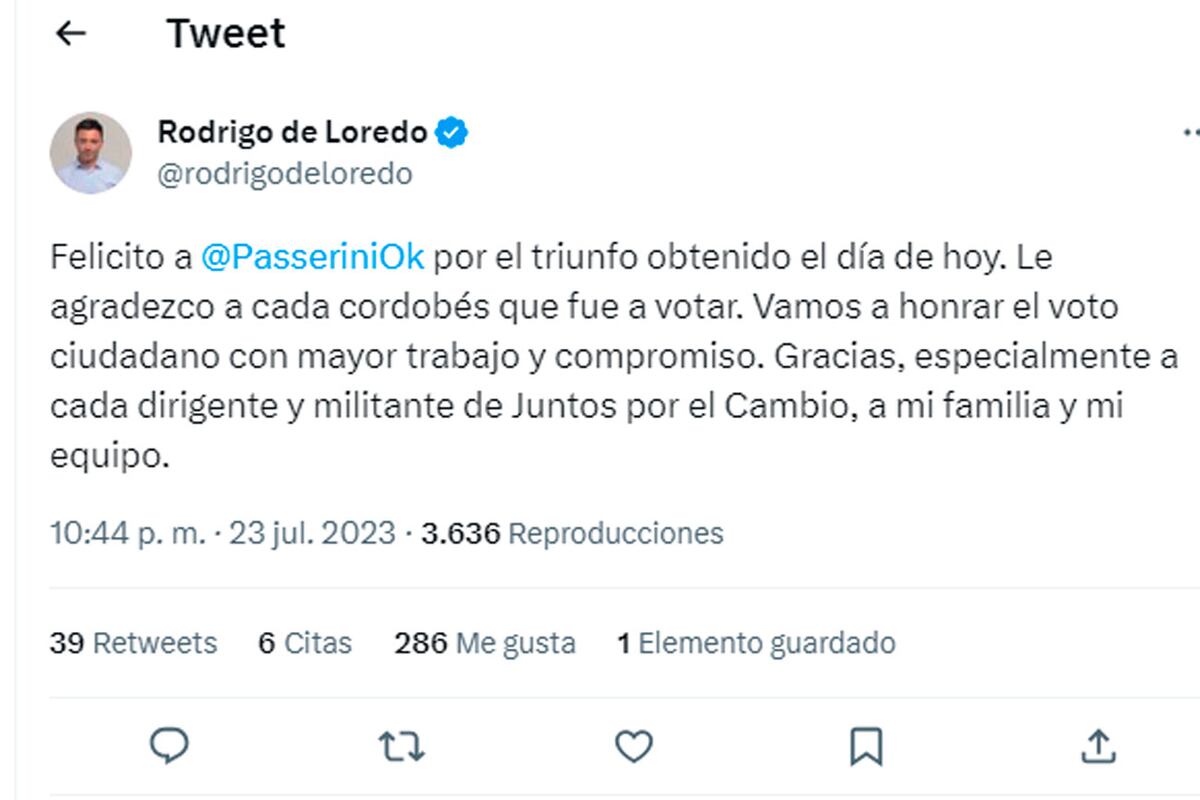 De Loredo sumió que Hacemos por Córdoba ganó la elección (Captura de pantalla).