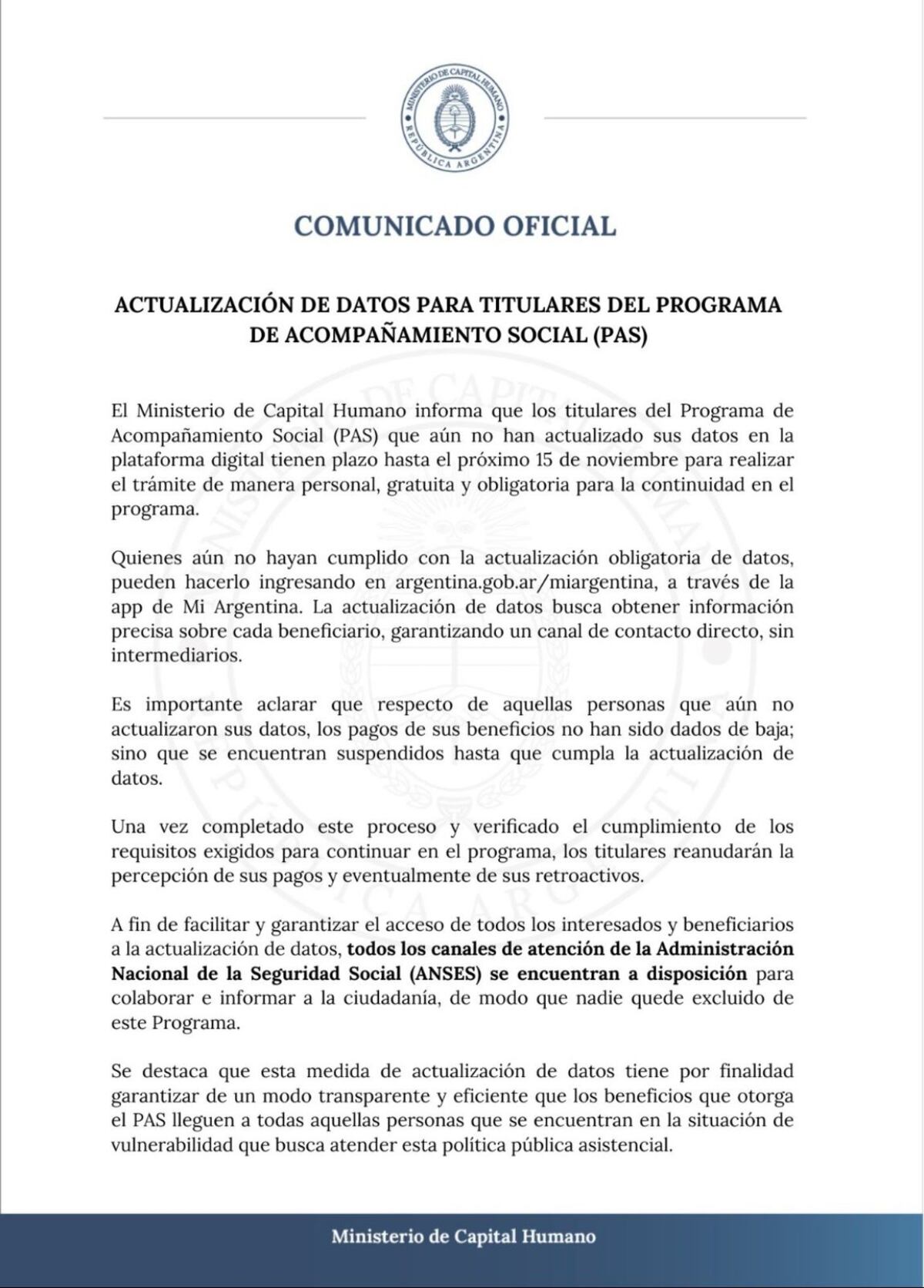 Programa de Acompañamiento Social: cómo funciona y cuál es el monto para noviembre de 2024. (Ministerio de Capital Humano)