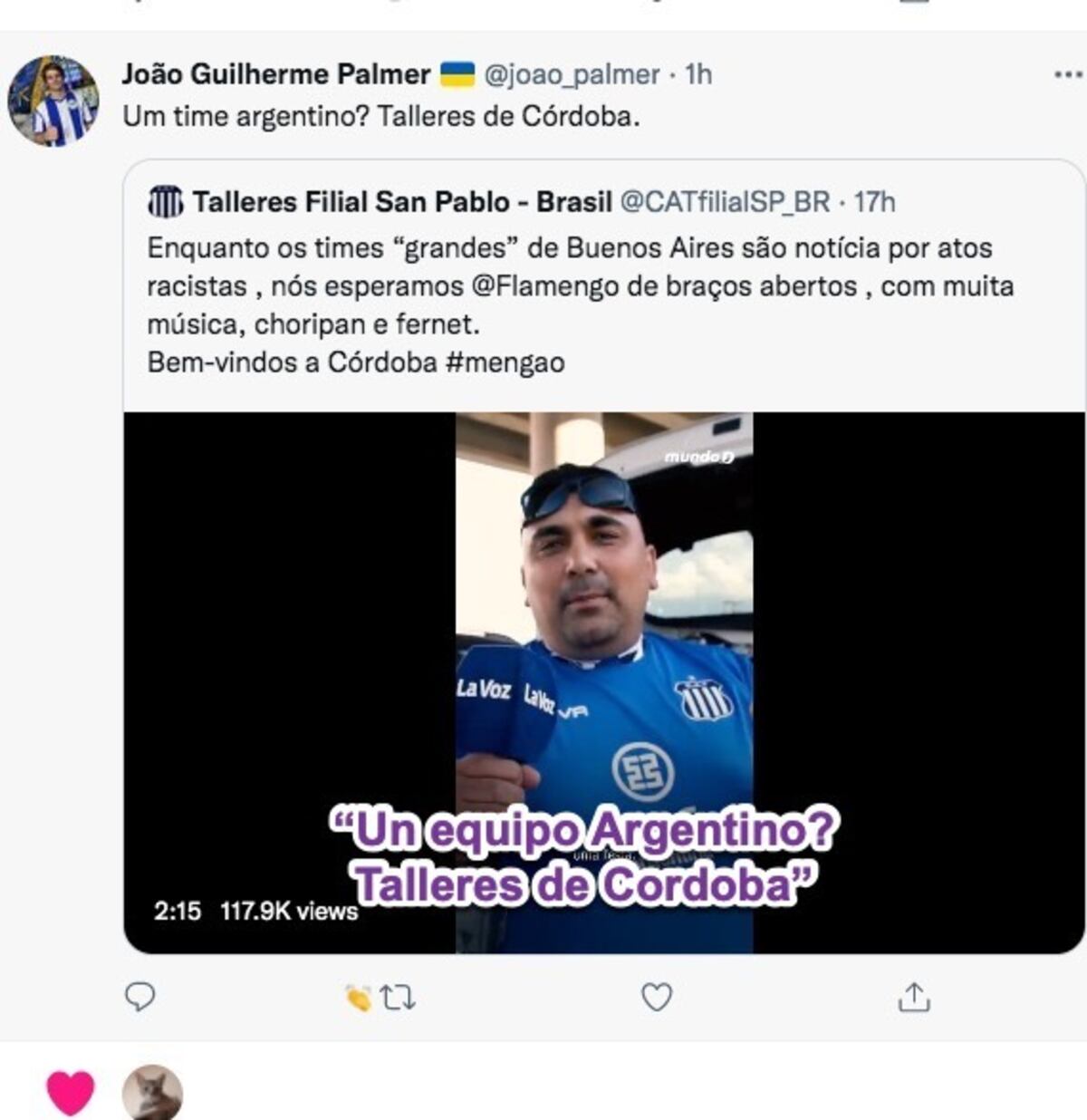 La hinchada de Flamengo elogiando a la de Talleres en redes sociales.