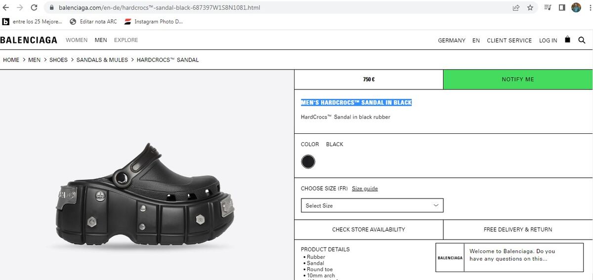 La página oficial de Balenciaga para el mercado europeo y el precio que establece para las Crocs que Justin Bieber usó en los Grammy. (Captura)