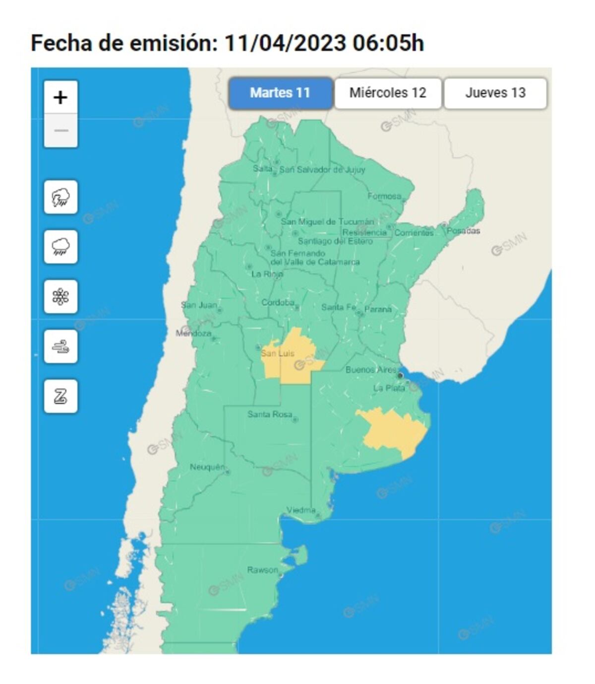 Alerta amarilla. Para el sur de Córdoba (Captura SMN).