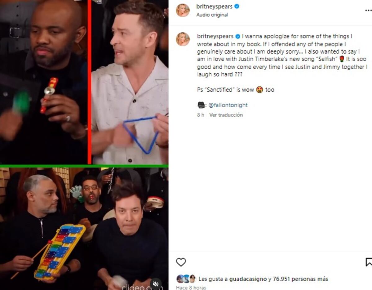 La publicación de Britney Spears sobre el nuevo tema de Justin Timberlake. (Captura)