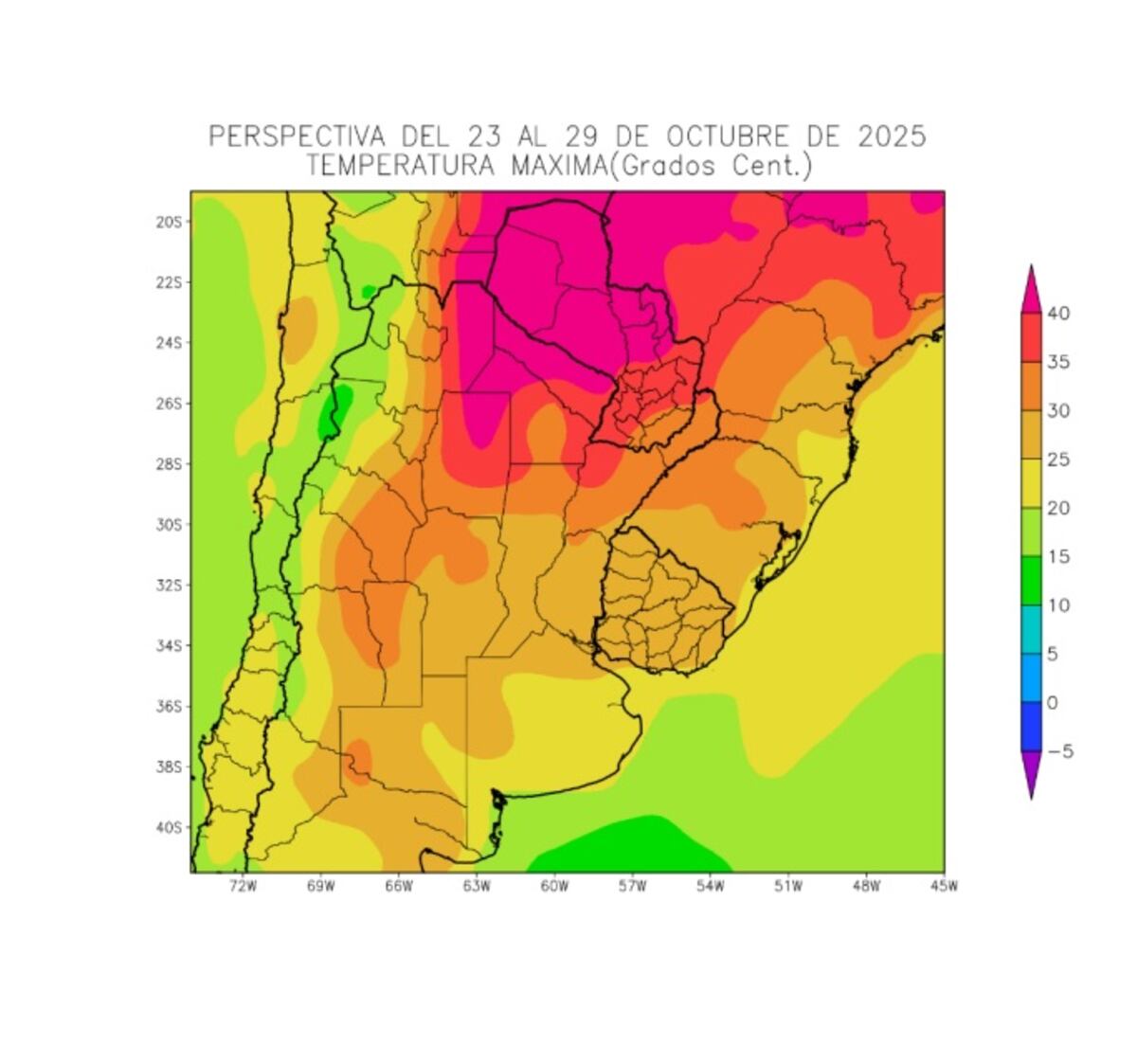 Perspectiva agroclimática: temperaturas máximas durante la semana del 23  y 29 de octubre. (Gentileza Bolsa de Cereales de Buenos Aires)