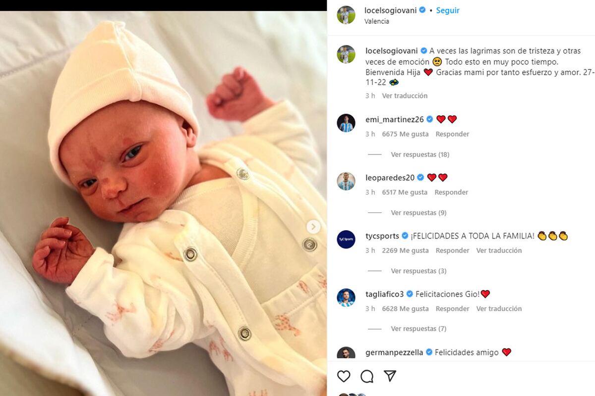 Emilia, la pequeña hija de Gio Lo Celso, nació el domingo. (locelsogiovani)