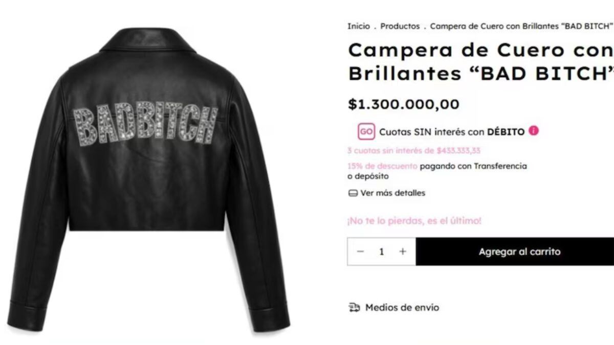 Wanda Nara vende la icónica chaqueta de brillantes que dice "Bad bitch" en la espalda.