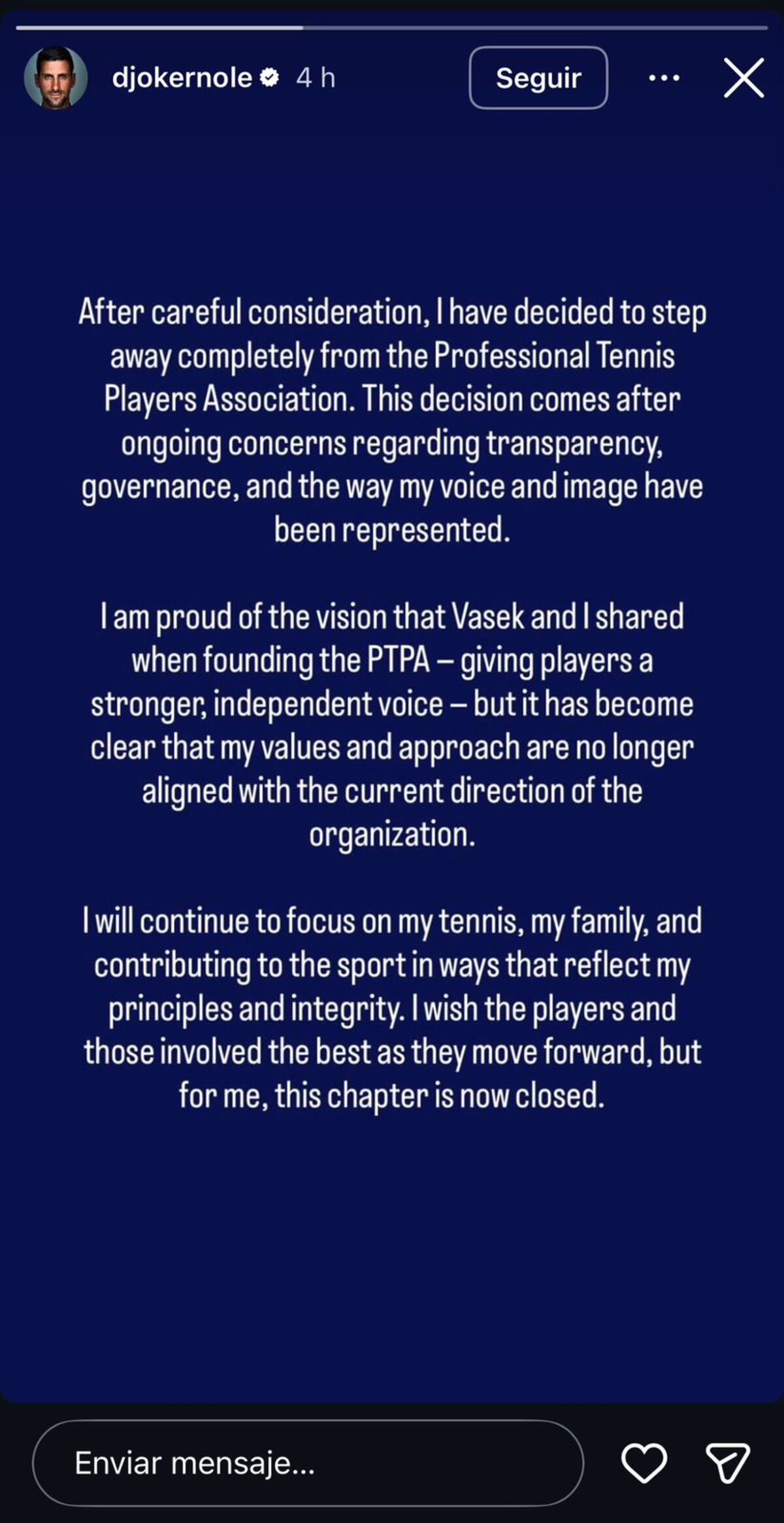 El comunicado de Novak Djokovic en sus redes sociales, renunciando a la PTPA. (Captura de pantalla).