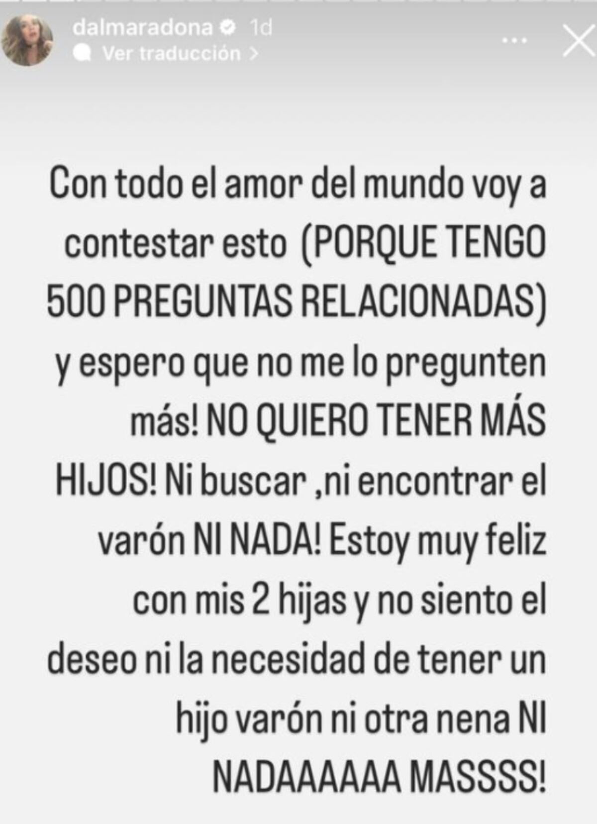 Dalma Maradona se desquitó con sus seguidores (Captura de pantalla)