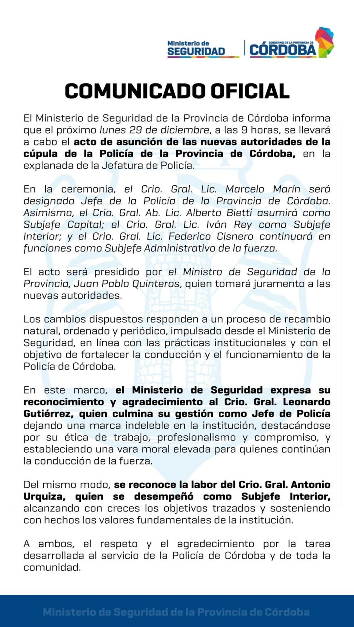 El comunicado oficial sobre los recambios en la Policía de Córdoba.