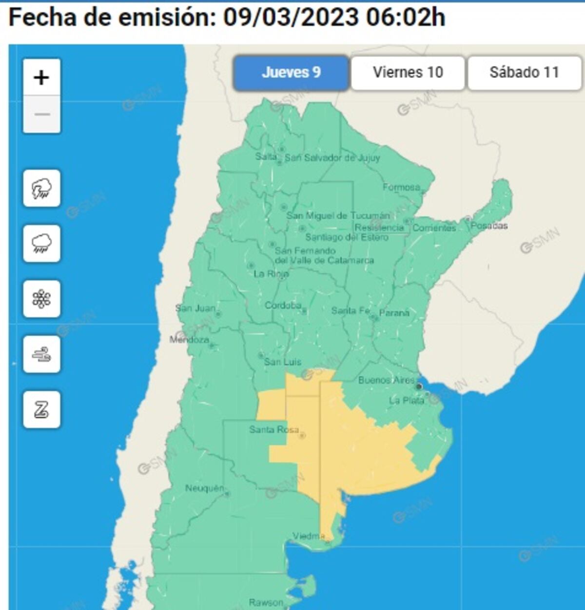 Alerta amarilla. Para el sur de Córdoba (SMN).