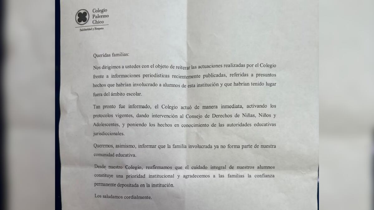 El comunicado de las autoridades del Colegio Palermo Chico ante la denuncia contra el empresario Marcelo Porcel. (Gentileza: TN)