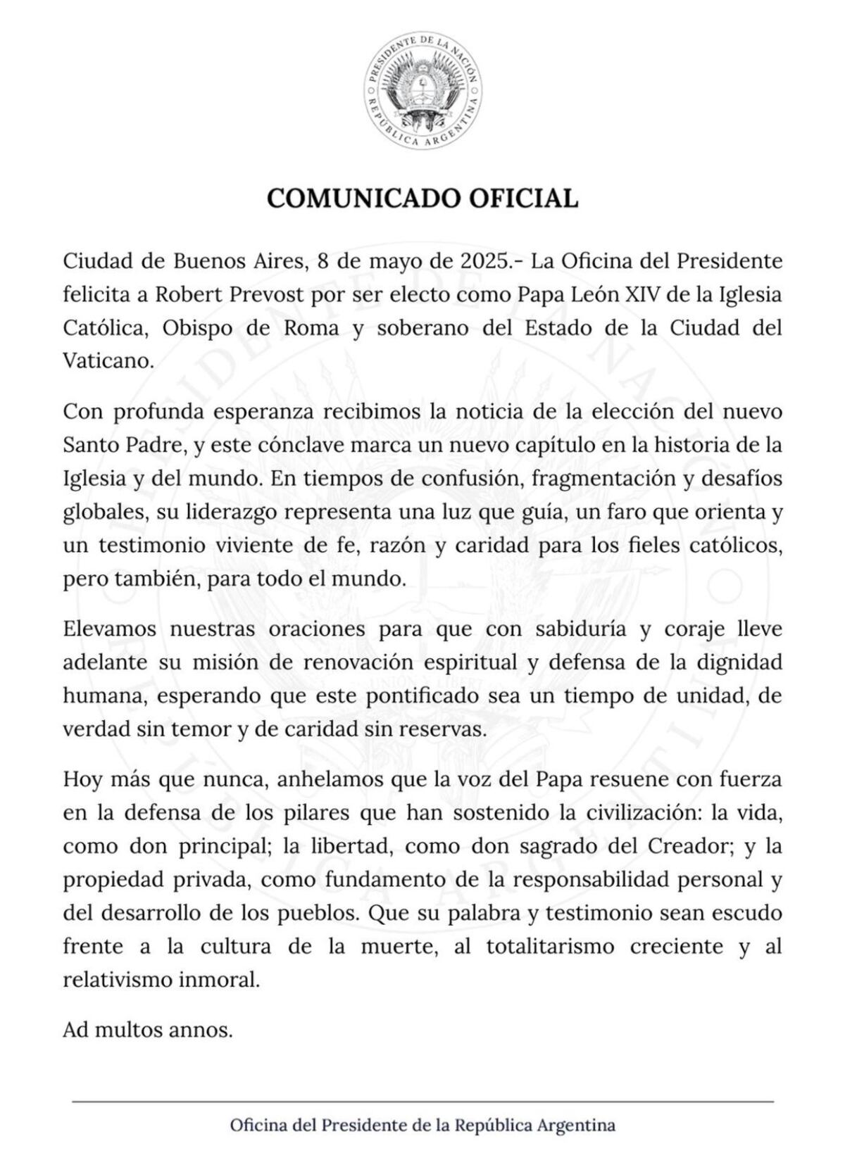 Argentina saluda a León XIV: la Oficina del Presidente felicitó al nuevo papa Robert Prevost. (Oficina del Presidente)