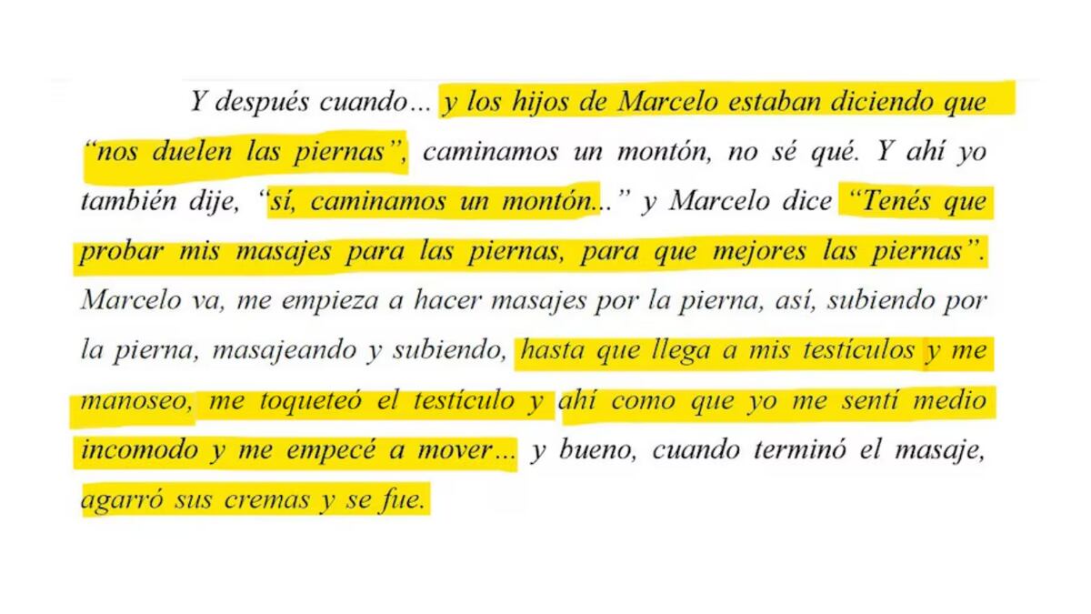 Trascripción del relato de una de las presuntas víctimas del empresario Marcelo Porcel. (Infobae)