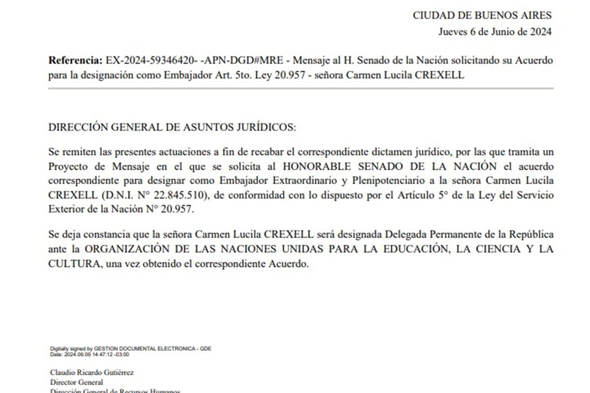 El pliego de designación de Crexell que circuló en redes sociales (X).