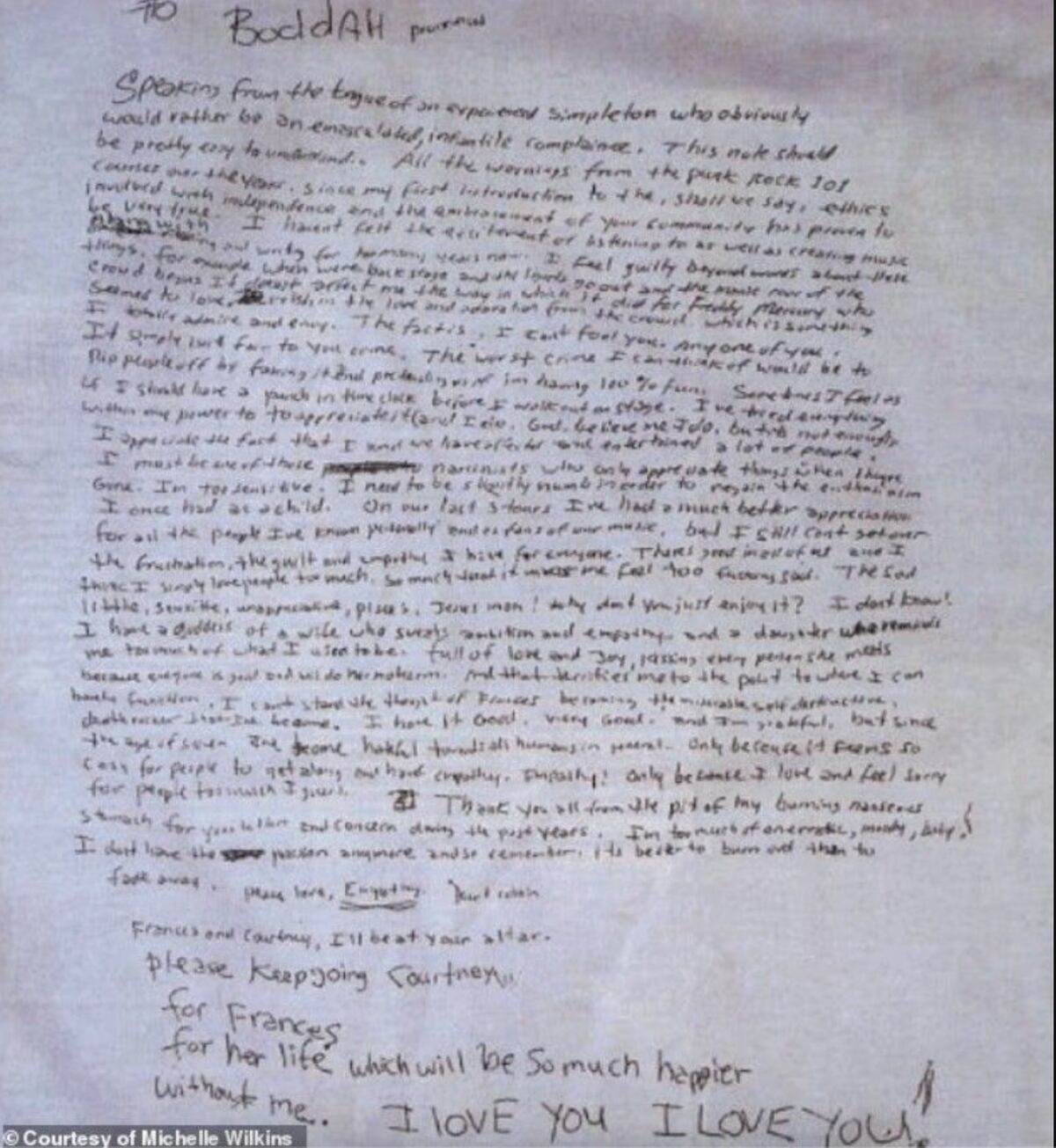 La nota de Kurt Cobain donde, al final, haba de quitarse la vida. (Foto: web)