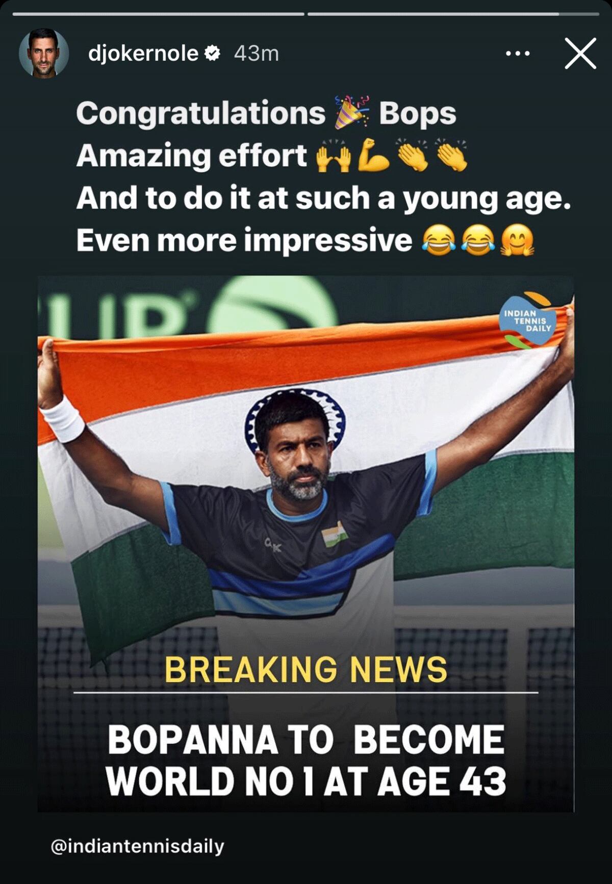 De número uno a número uno: la felicitación de Novak Djokovic al indio este miércoles. (@djokernole)