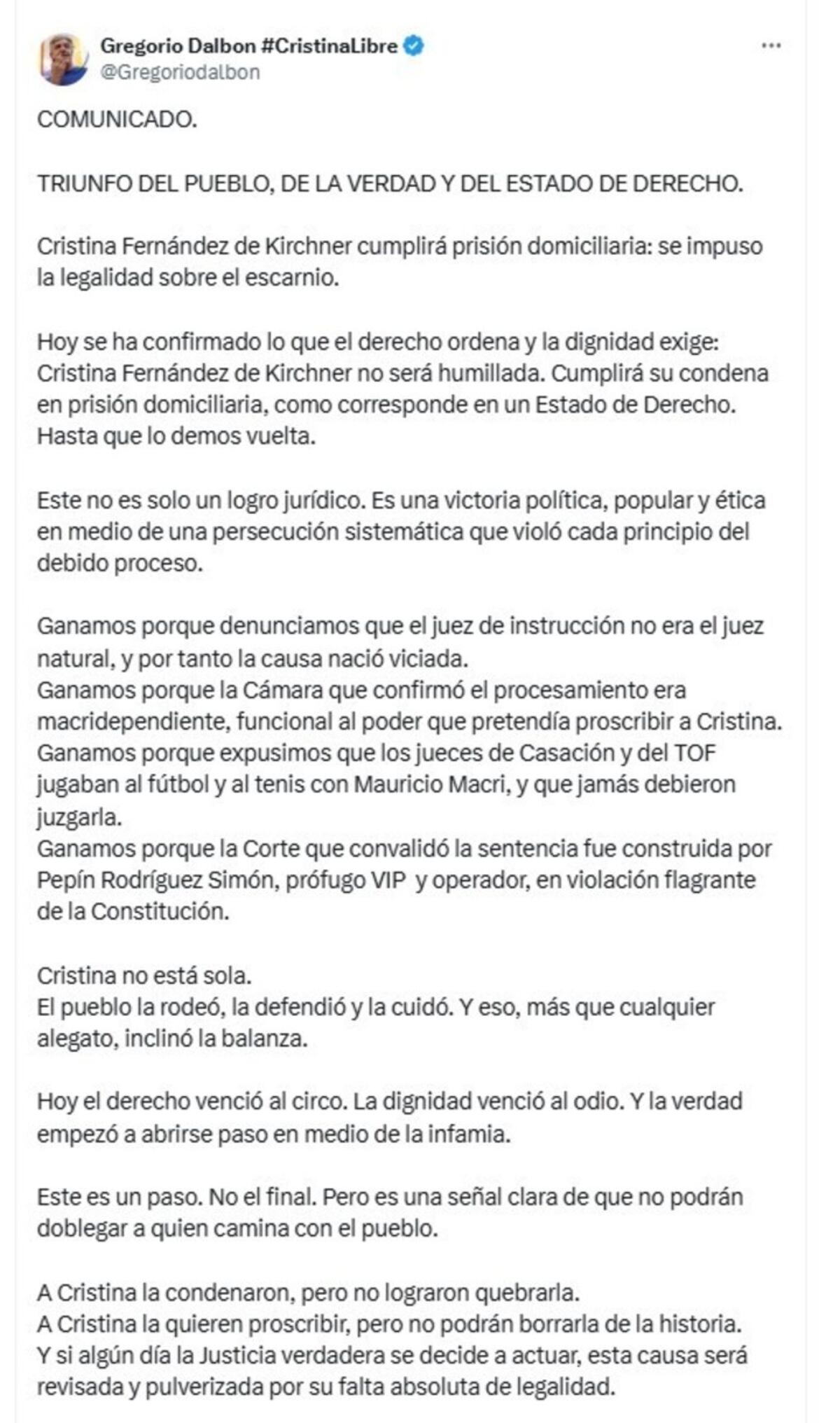 Parte del posteo realizado por Gregorio Dalbón en X y que luego borró.